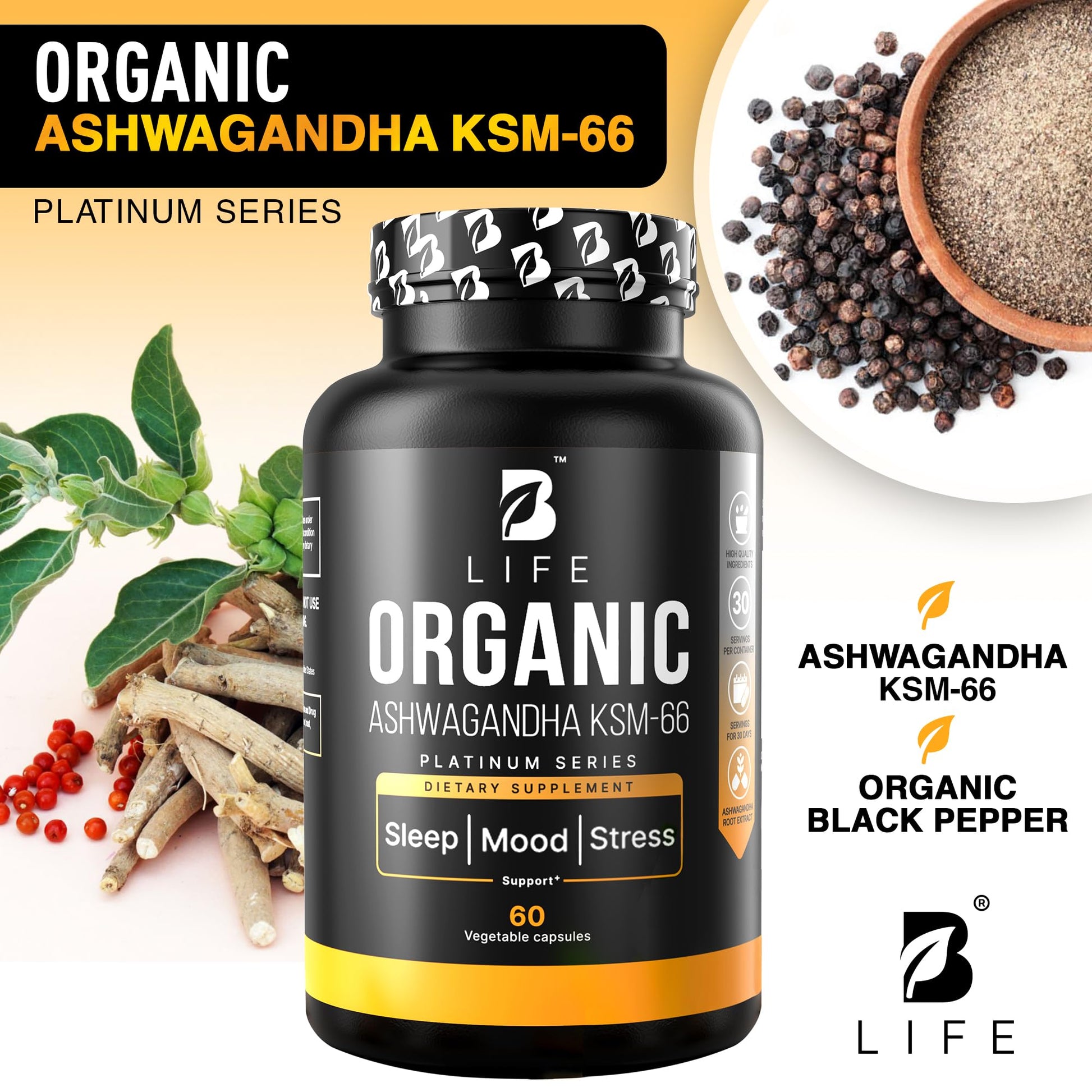 Organic Ashwagandha KSM-66 1000 mg Supplement | Adaptogen for Cortisol Support & Stress Relief | Mood, Calm & Sleep Aid for Men & Women | Ashwagandha ritual vitamins for women | 60 Vegan Caps B Life Company buy supplements canada