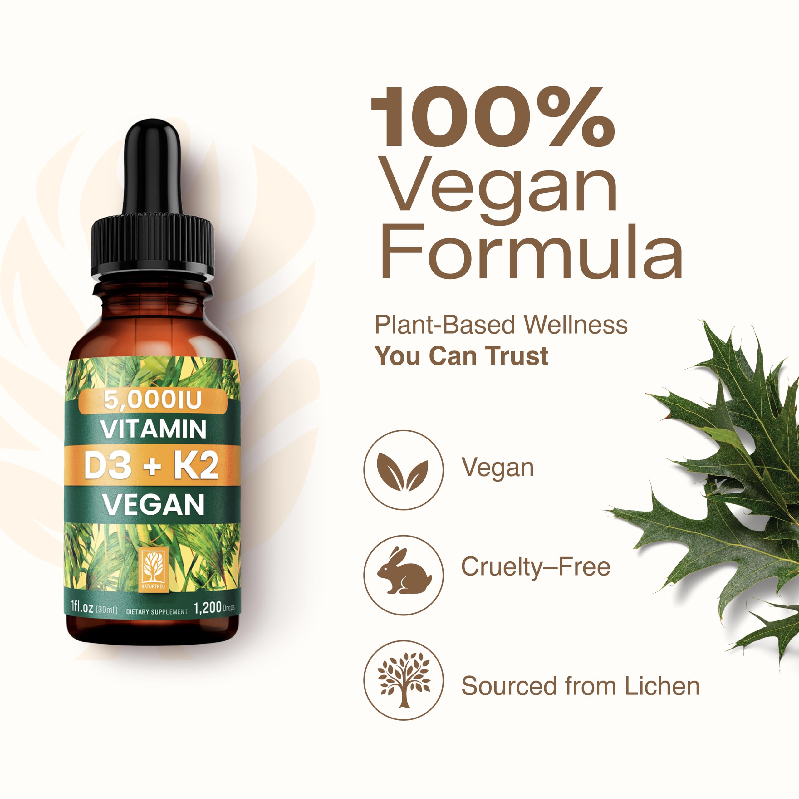 NATURTREU Vegan Vitamin D3 K2 Liquid Drops with MCT Oil for Adults (240 Servings) - Liquid Vitamin D K2 MK7 - All Natural, Non-GMO & Dr Formulated with 3X More Absorption - Third-Party Tested NATURTREU buy supplements canada