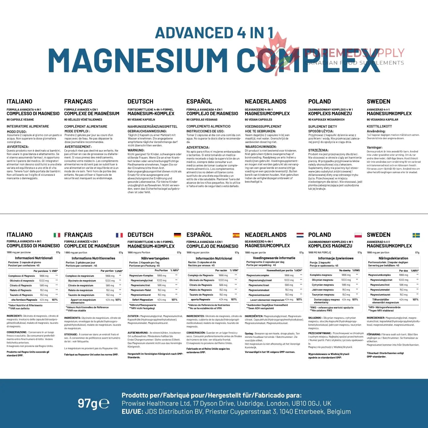 Magnesium Glycinate Complex 4 in 1-1866mg per Serving | Precise 404mg Elemental Magnesium dose | Added Magnesium Glycinate, Citrate, Malate & Taurate | 90 Vegan Capsules - by Prowise PH PROWISE Healthcare buy supplements canada