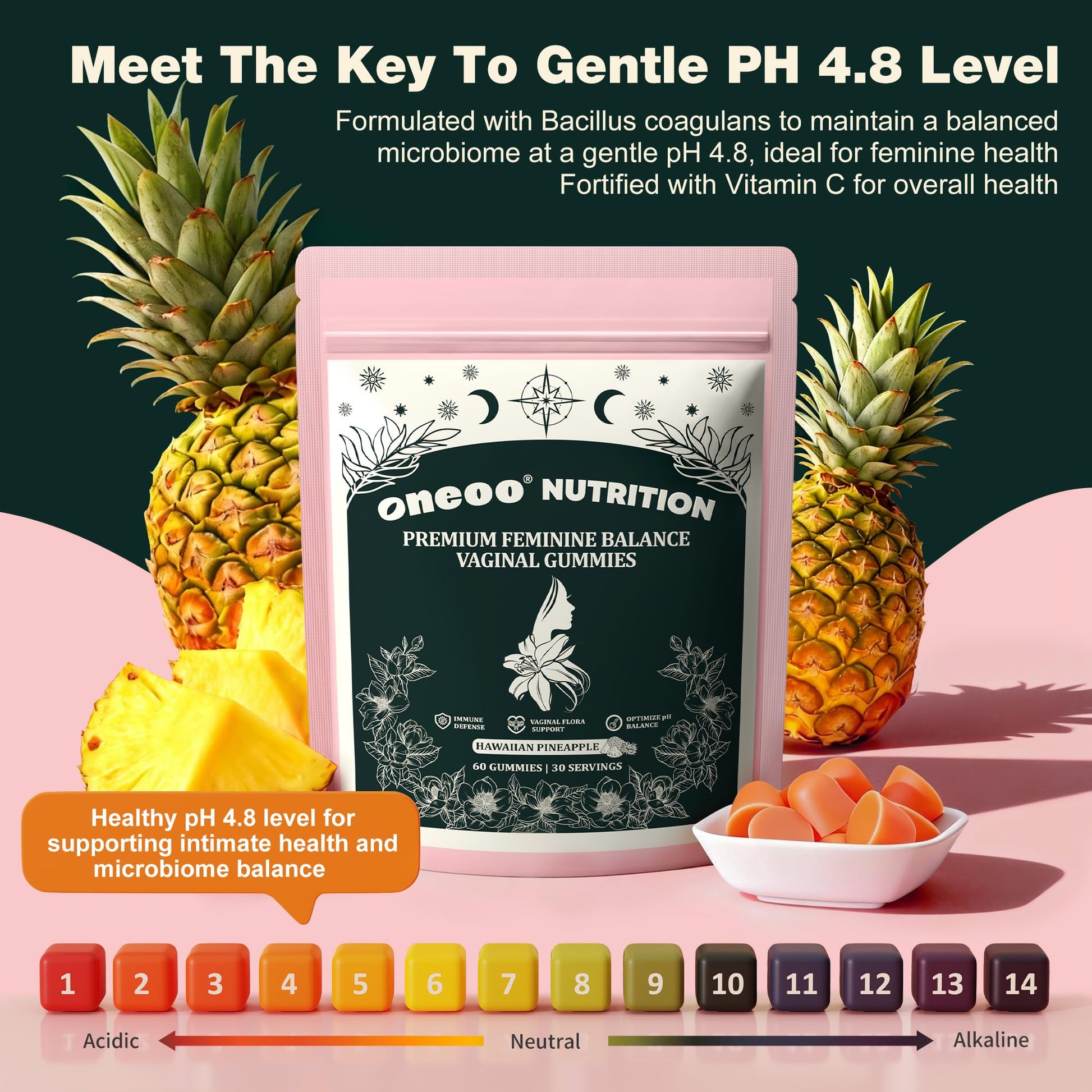 Oneoo Feminine Balance Gummies - Premium Balance Gummies for Women's pH Health, Feminine Gummy for Immune & Energy Support, Vegan, Gluten-Free, Hawaiian Pineapple, 60 Count Oneoo buy supplements canada
