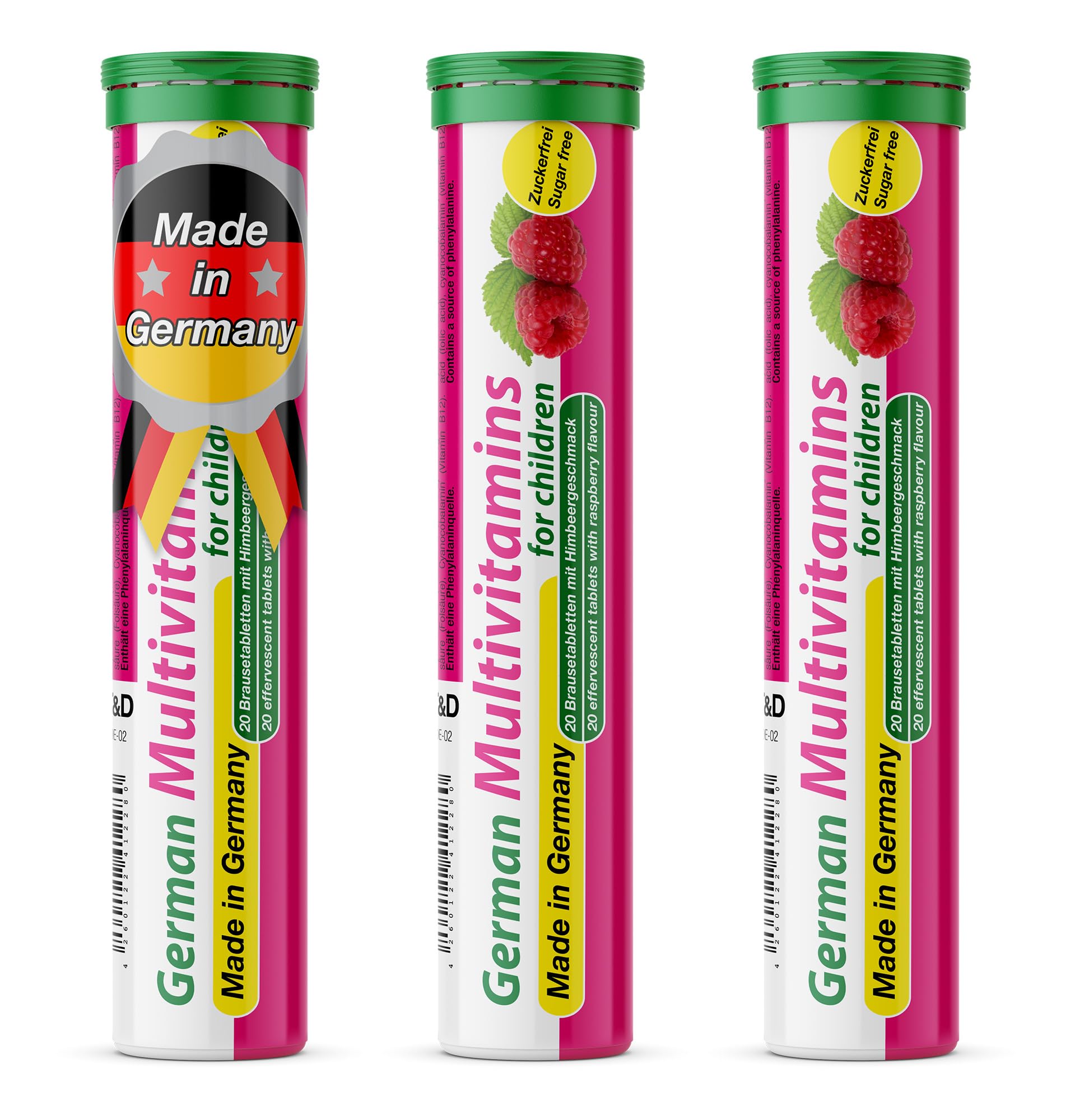 T&D German Multivitamin for Children 60 Drink Effervescent Tablets - Sweet Raspberry Flavour, Sugar Free, Vegan - Vitamin C, E, B1, B2, B6, B12 T&D buy supplements canada