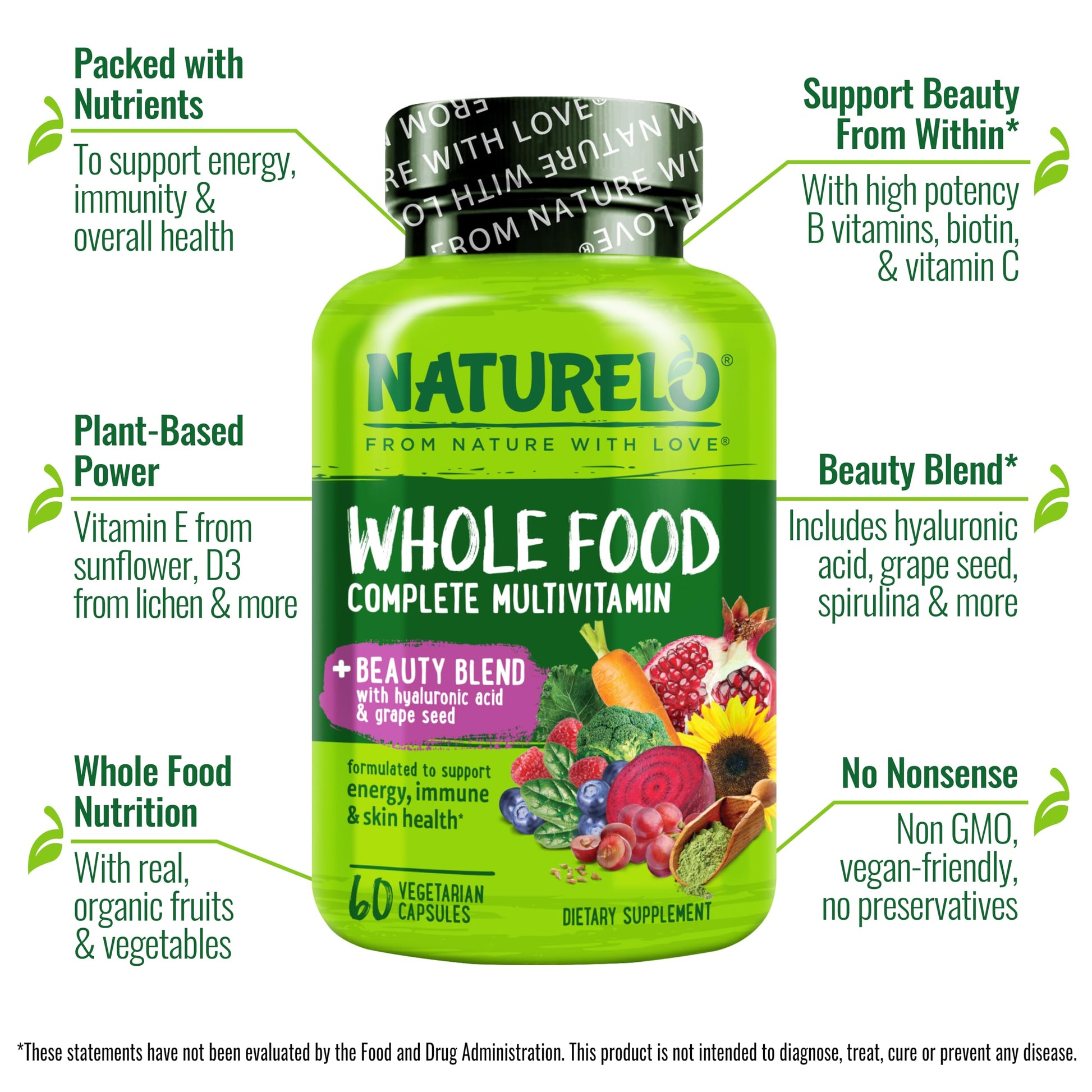 NATURELO Whole Food Multivitamin with Extra Hair, Skin and Nails Support - Beauty Blend with Hyaluronic Acid & Grape Seed - High Potency Biotin, Vitamin C NATURELO buy supplements canada