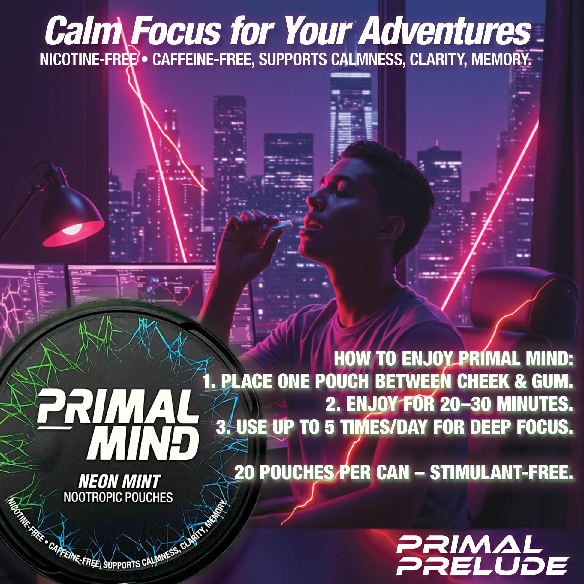 Nootropic Pouches - Primal Mind Caffeine Free Nootropics Pouches Made with Ginkgo Biloba & L-Theanine - Nicotine Free Brain Boost, No Sugar, Cognitive Support – 20 Pouches Per Can, 5 Pack (Neon Mint) Primal Prelude buy supplements canada