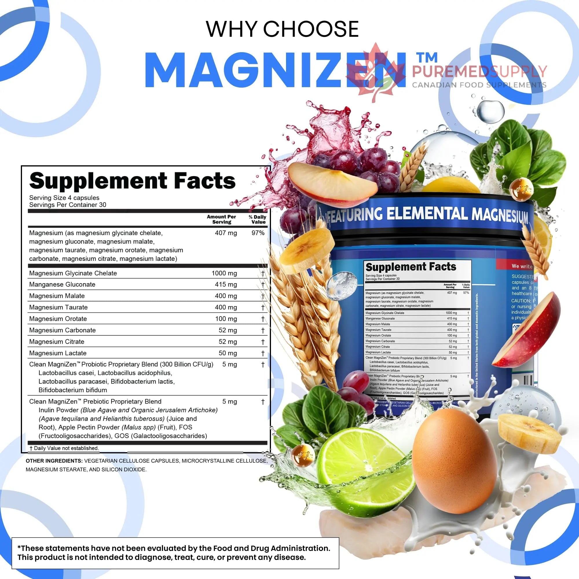 Clean Nutra Magnesium Glycinate Citrate Malate Orotate Taurate Supplement Complex + 10 Strain Probiotic Prebiotics FOS GOS Inulin Sleep Calm Support Apple Pectin – 120 Vegan Capsules Clean Nutraceuticals buy supplements canada