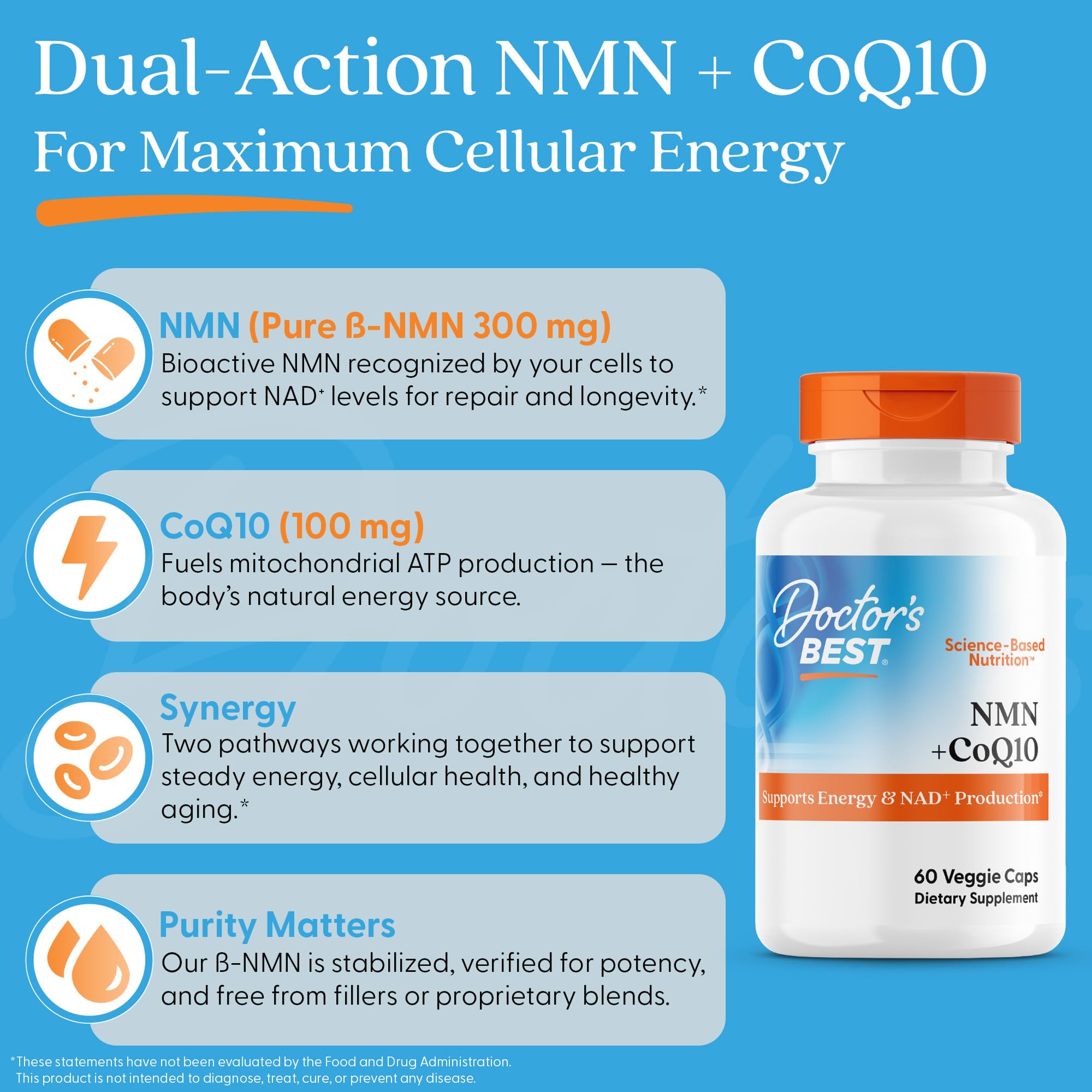 Doctor's Best NMN + CoQ10 Supplement for Women & Men - Supports NAD+ Production & Cellular Energy, Beta Nicotinamide Mononucleotide 150 mg & Coenzyme Q10 50 mg per Capsule, Vegan, Non GMO- 60 Veg Caps Doctor's BEST buy supplements canada