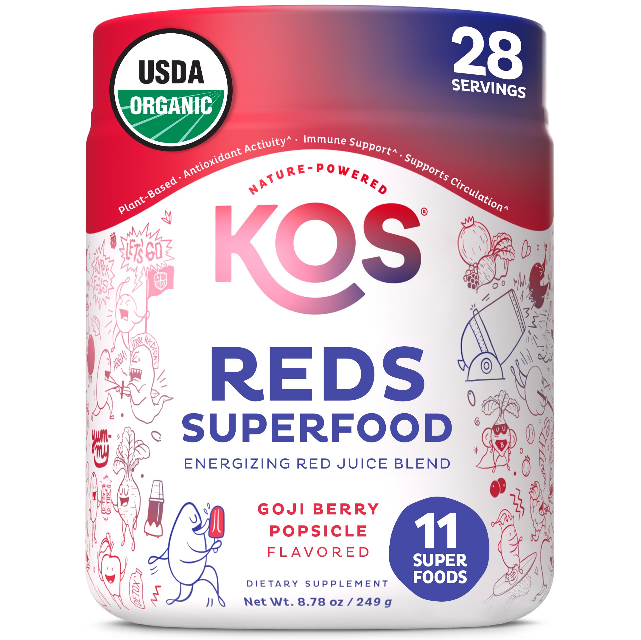 KOS Reds Superfood Powder for Antioxidants - USDA Certified Organic Beet Root, Goji Berries, Acai, Pomegranate, Coconut Water & Digestion Enzymes- Goji Berry Popsicle Flavor KOS buy supplements canada