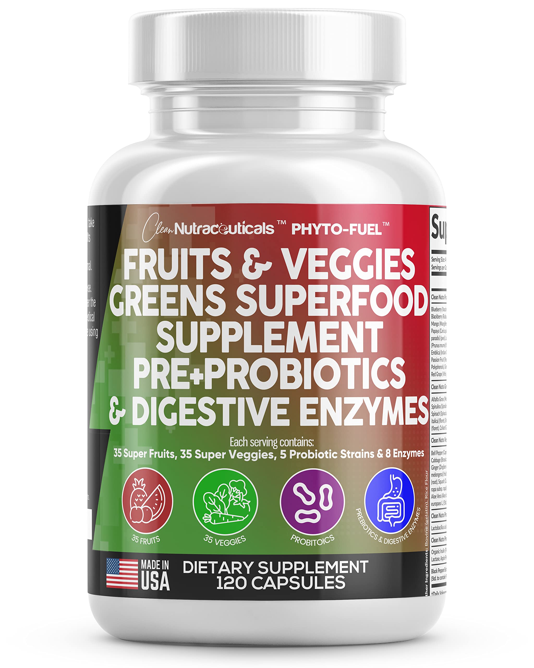Clean Nutraceuticals Fruits and Veggies Supplement Reds & Green Superfood - Balance of Over 70 Fruit & Vegetable Supplements Capsules with Probiotics Prebiotics Clean Nutraceuticals buy supplements canada