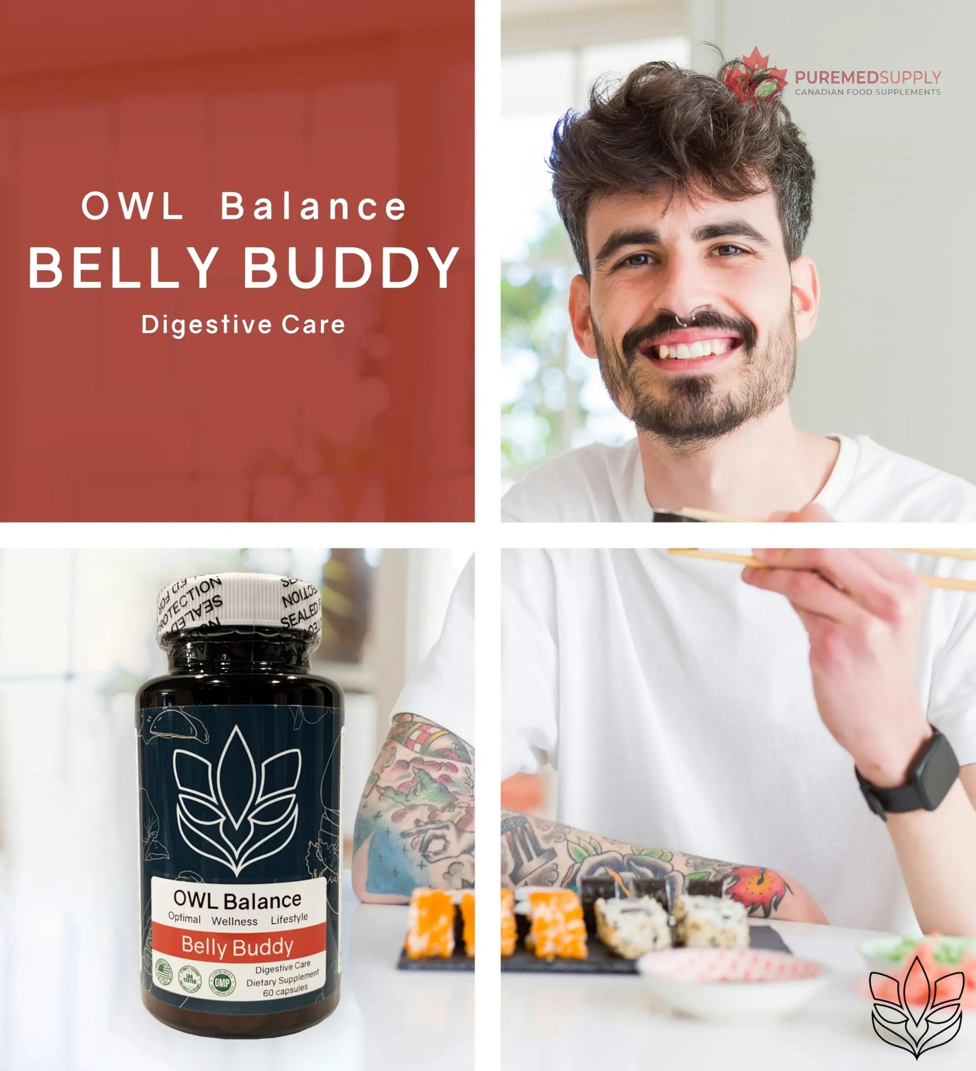 Belly Buddy Advanced Gut Health Support containing a helthy Blend of Probiotics, Prebiotics, and Digestive Enzymes OWL Balance buy supplements canada
