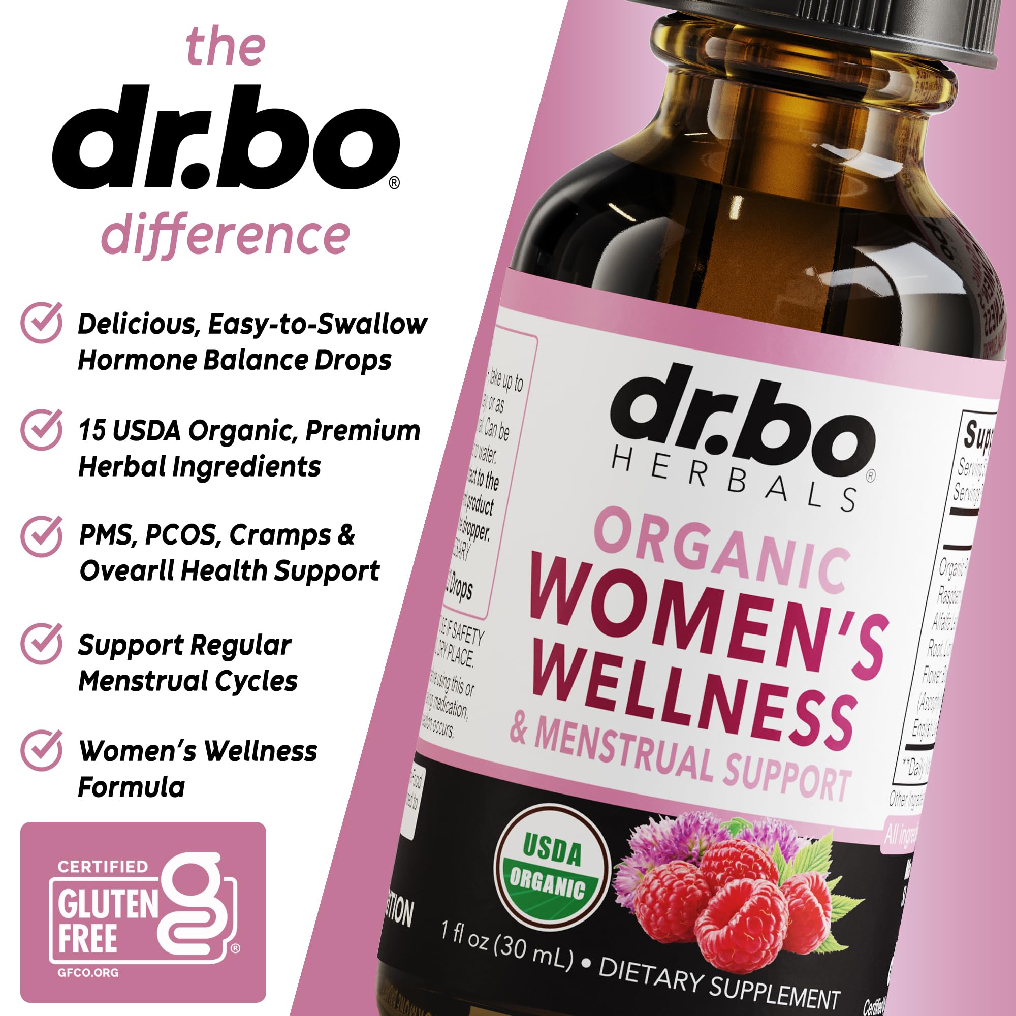 Hormone Balance for Women & PMS Relief - Women's Wellness Organic Hormonal Balance Supplements Liquid Drops & Menstrual Cramp Period Support - Raspberry Leaf, Chasteberry, Black Cohosh Supplement 1 Oz DR. BO buy supplements canada