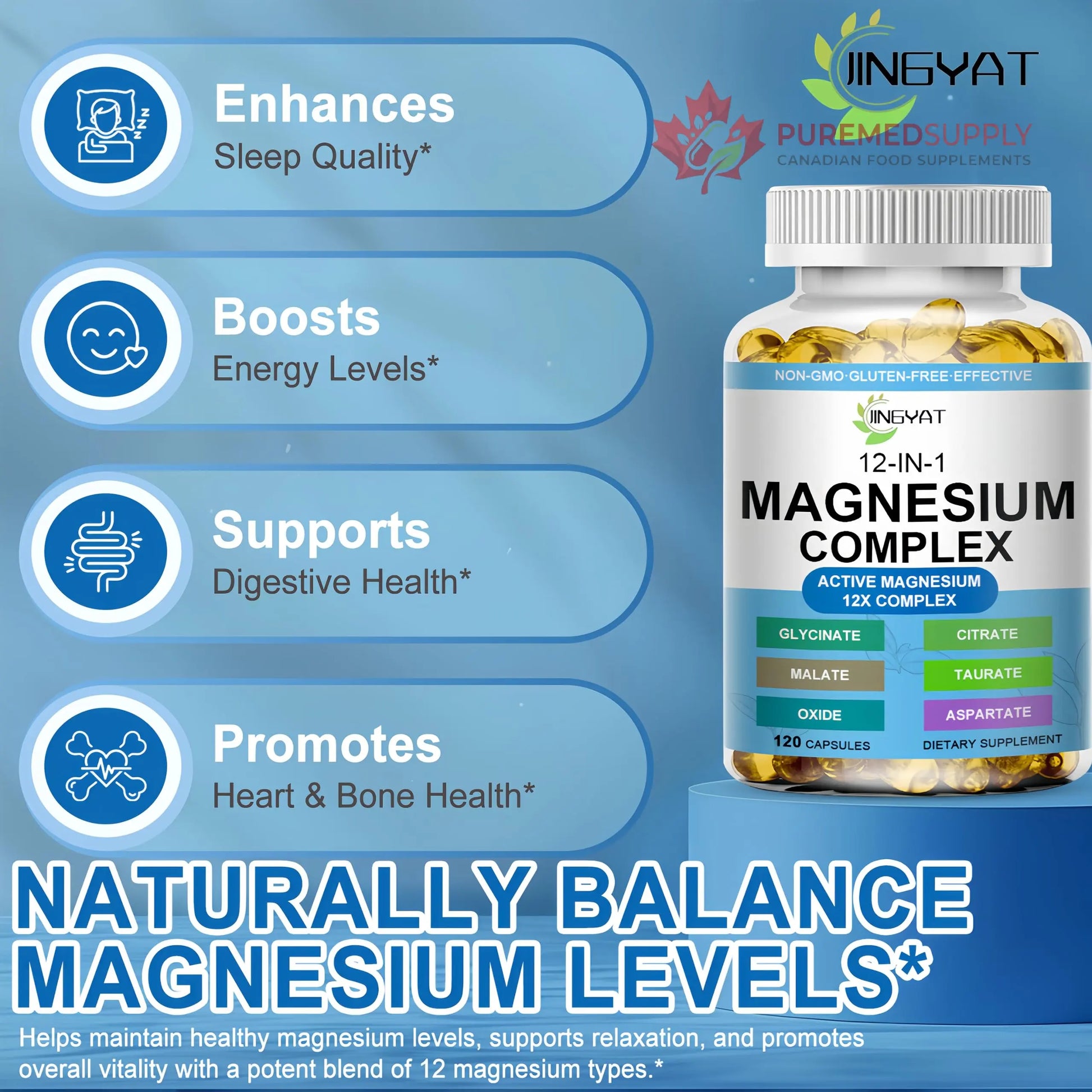 Magnesium Complex Softgels - 12-in-1 Magnesium Supplement with Glycinate,Citrate,Malate,Oxide,Taurate - High Absorption Magnesium Complex for Women & Men for Muscle, Heart, Sleep, Bone, Nerve Support JINGYAT buy supplements canada