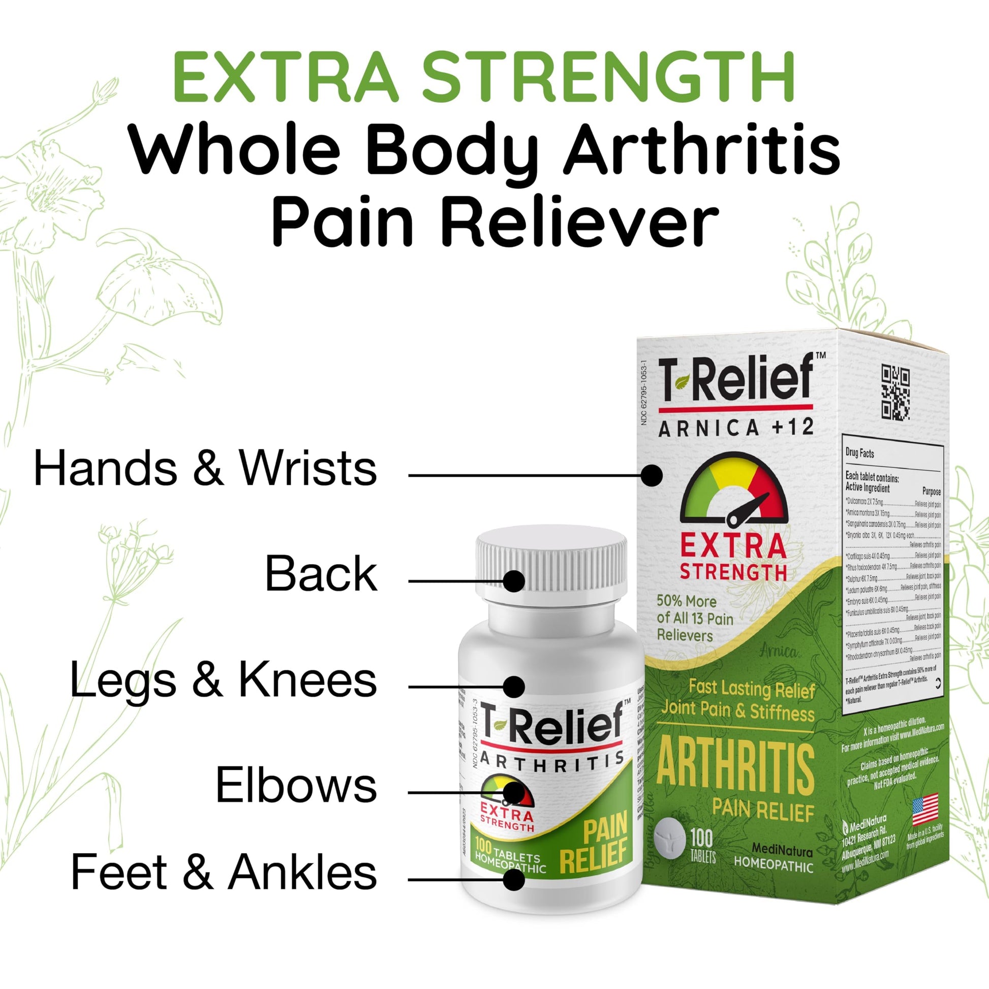 T-Relief Extra Strength Arthritis Pain Reliever Arnica +12 Natural Medicines for Joint Soreness Stiffness Aches, Quick Dissolving Pain Relief for Women & Men - 100 Tablets MediNatura buy supplements canada