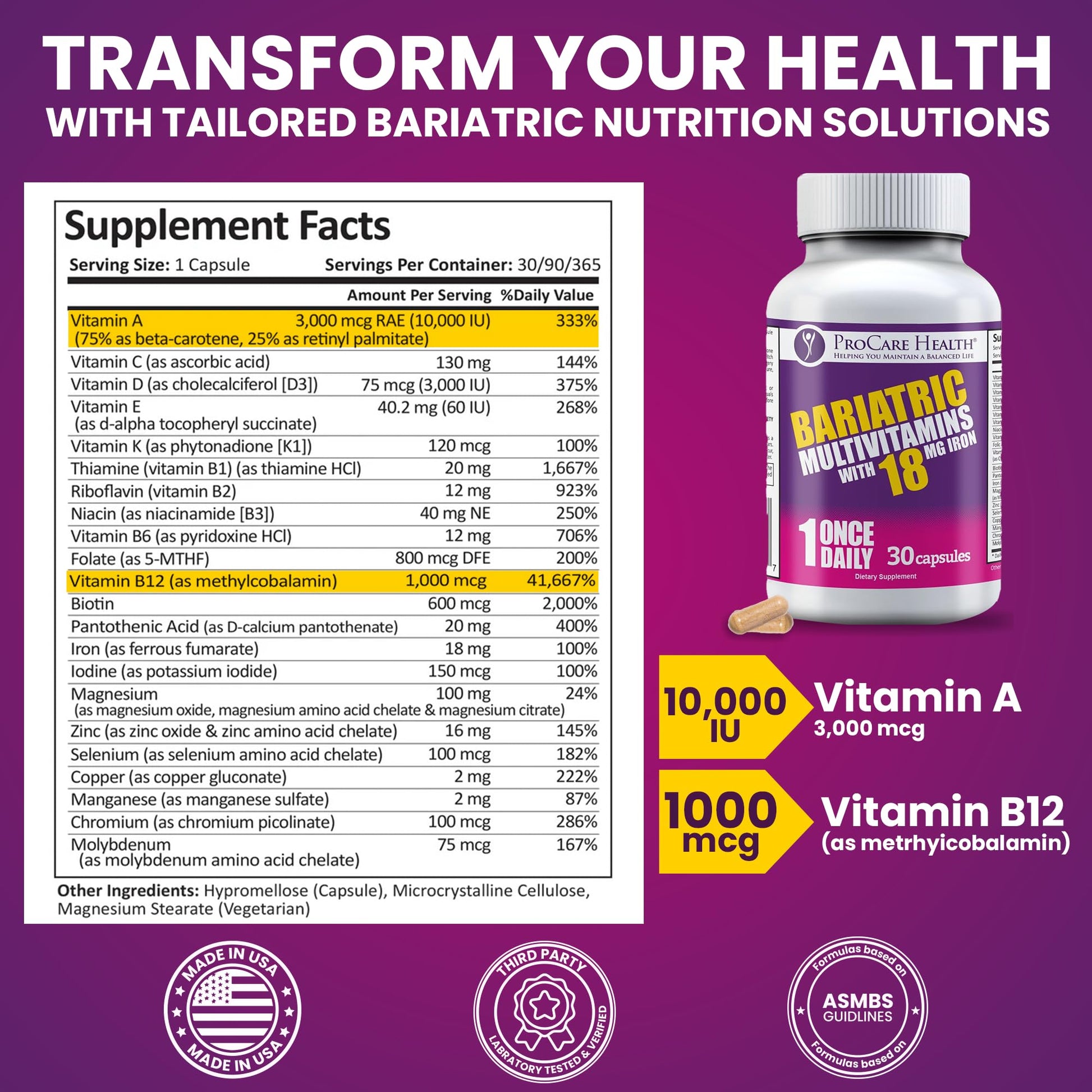 ProCare Health Bariatric Multivitamin with Iron 18mg (30 Easy to Swallow Capsules) - Post Op Bariatric Vitamins ProCare Health buy supplements canada