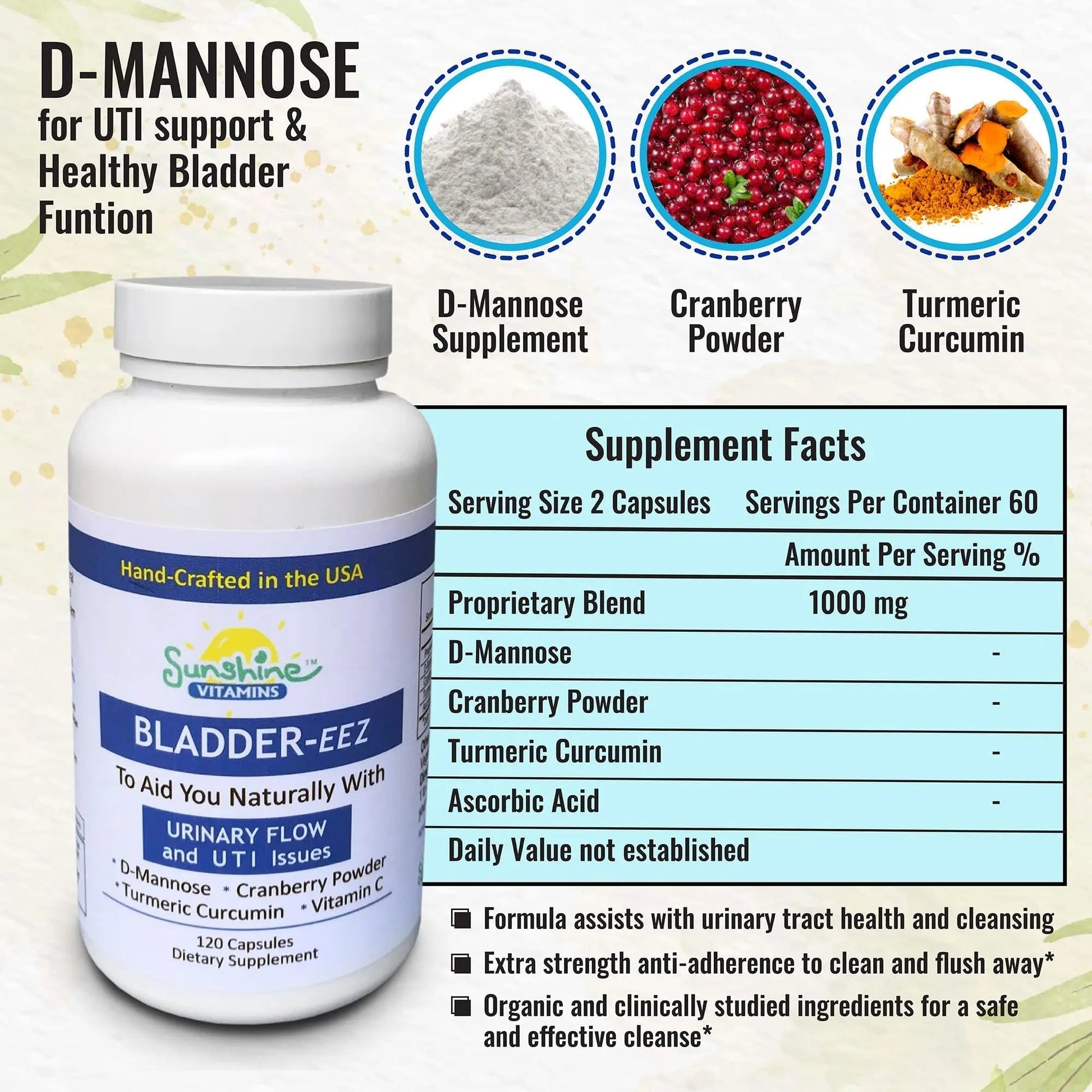 Sunshine Vitamins Bladder-EEZ | All-Natural Bladder Infection UTI Relief Support for Women with D-Mannose | Urinary Tract Infection Health with Immune System Support (1 Bottle of 120 Capsules) Sunshine Vitamins buy supplements canada