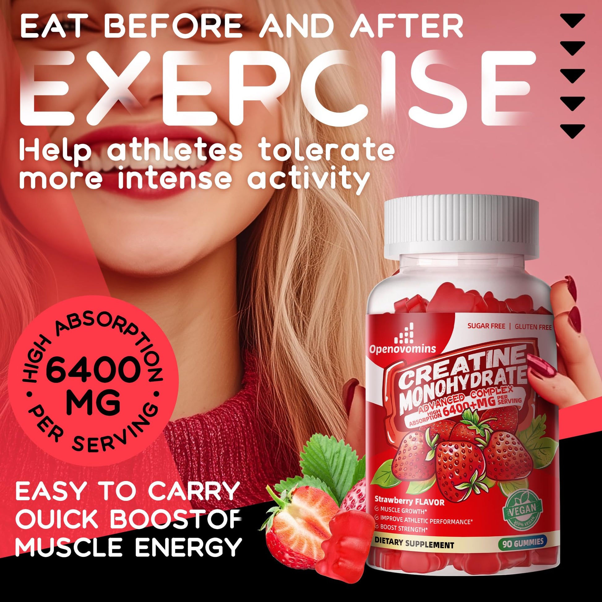 Creatine Monohydrate Gummies Complex for Men & Women -Advanced Formula W/L-Taurine + Vitamin B12, Sugar Free Chewable Supplement,90 Strawberry Gummies Openovomins buy supplements canada