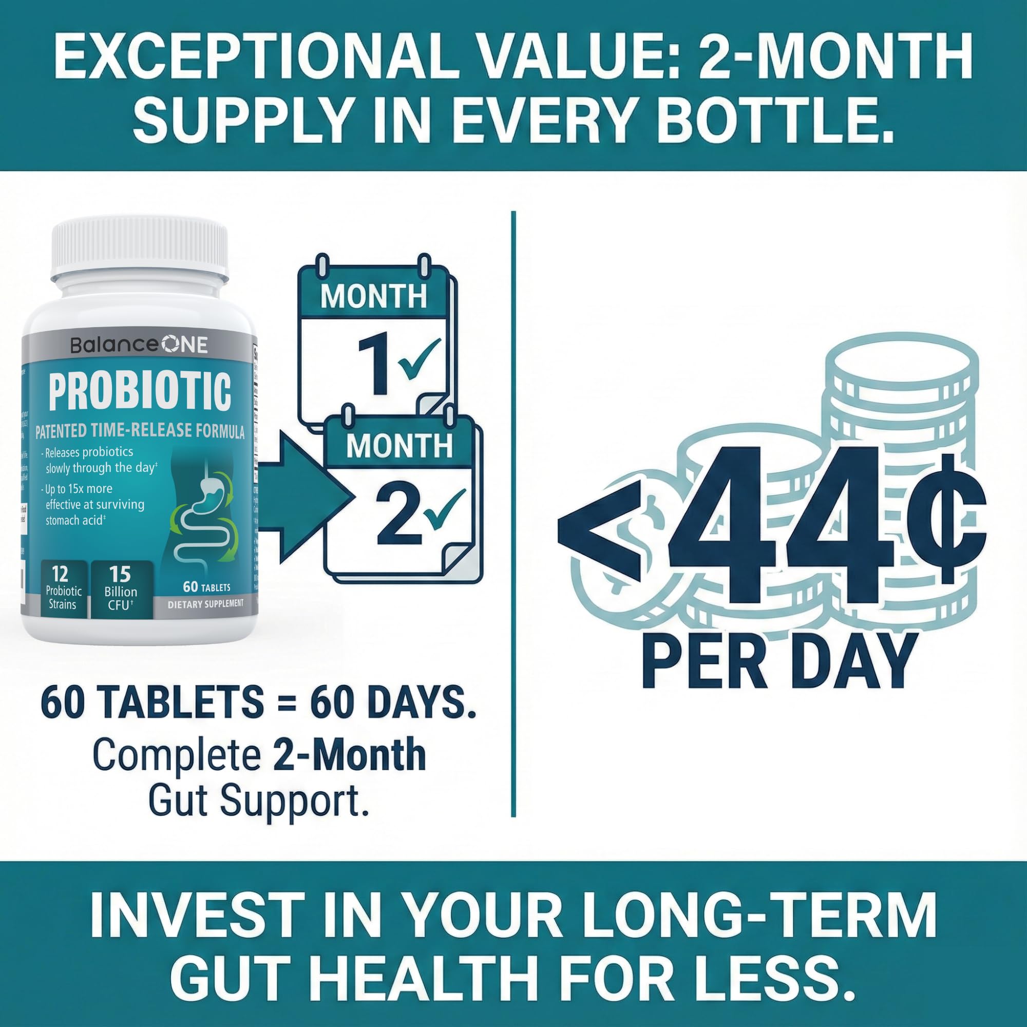 Balance ONE Time Release Probiotic – 15 Billion CFU – 12 Strains Including L. Plantarum – 15x More Survival Than Capsules – Bloating & Gas Relief – Gut & Digestive Health for Women & Men – 60 Tablets Balance ONE buy supplements canada