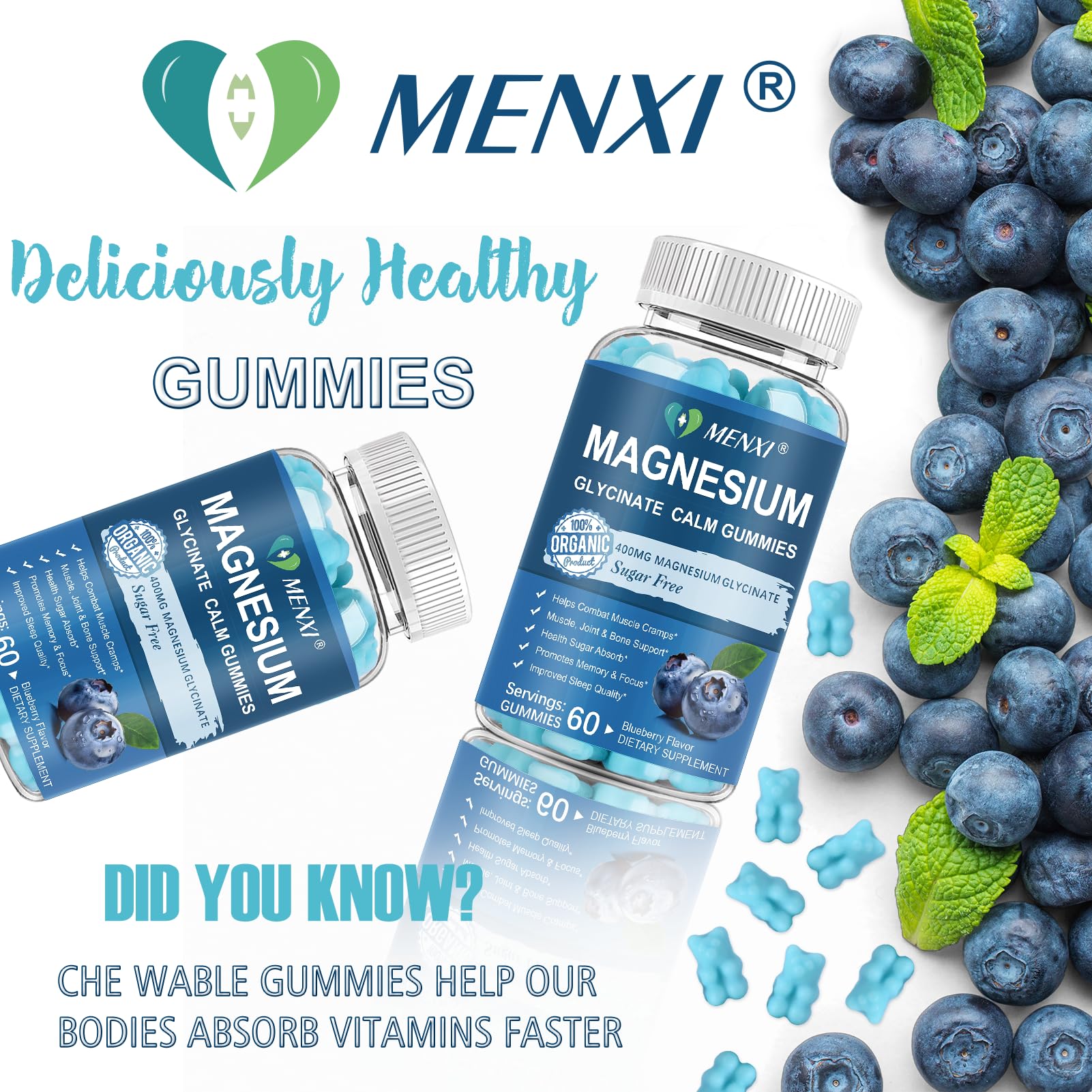 Magnesium Gummies 600mg per Serving-Magnesium Glycinate 400mg and Magnesium Malate 200mg,Sugar Free Magnesium Potassium Supplement for Calm Mood, Muscle, Bone & Sleep Support,60 Blueberry Gummies MENXI buy supplements canada