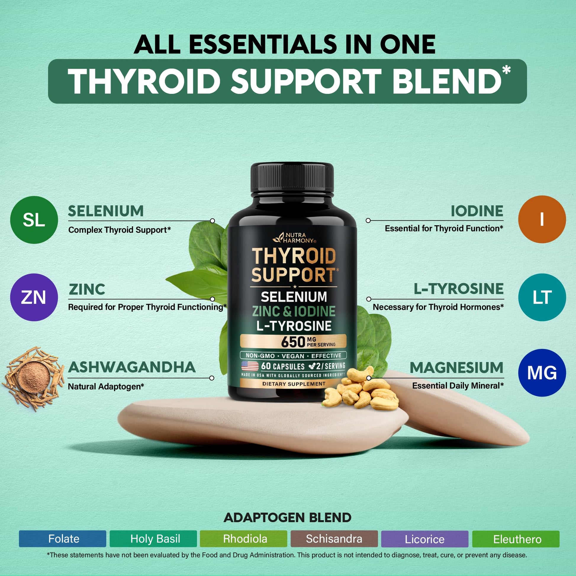 Thyroid Support for Women - Selenium 200 mcg | Astragalus | Zinc & Iodine | L-Tyrosine | Adaptogen Herbs - 21-in-1 Antioxidant & Immune Support - Made in USA - Vegan, Non-GMO, Lab Tested - 60 Capsules NUTRAHARMONY buy supplements canada