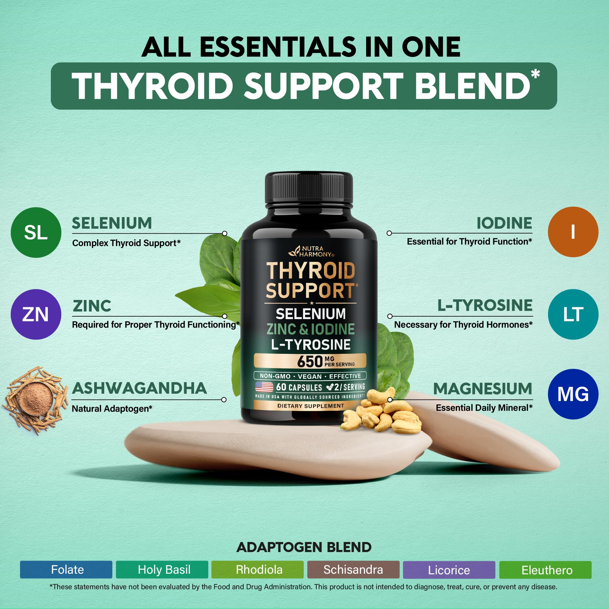 Thyroid Support for Women - Selenium 200 mcg | Astragalus | Zinc & Iodine | L-Tyrosine | Adaptogen Herbs - 21-in-1 Antioxidant & Immune Support - Made in USA - Vegan, Non-GMO, Lab Tested - 60 Capsules NUTRAHARMONY buy supplements canada