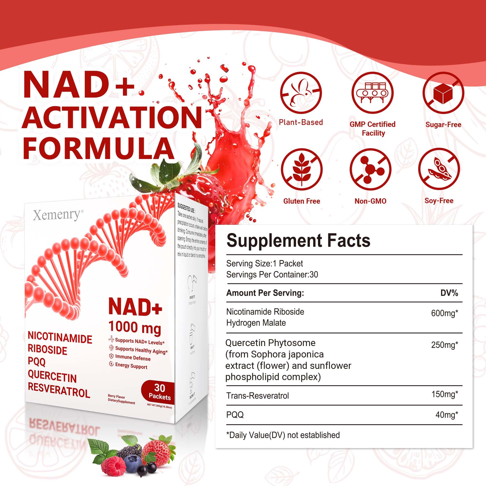 NAD Supplement 1000mg Liquid - Nicotinamide Riboside Resveratrol Supplements for Men & Women - NMN Alternative for Enhanced Energy & Anti-Aging, Focus - 30 Packets Xemenry buy supplements canada