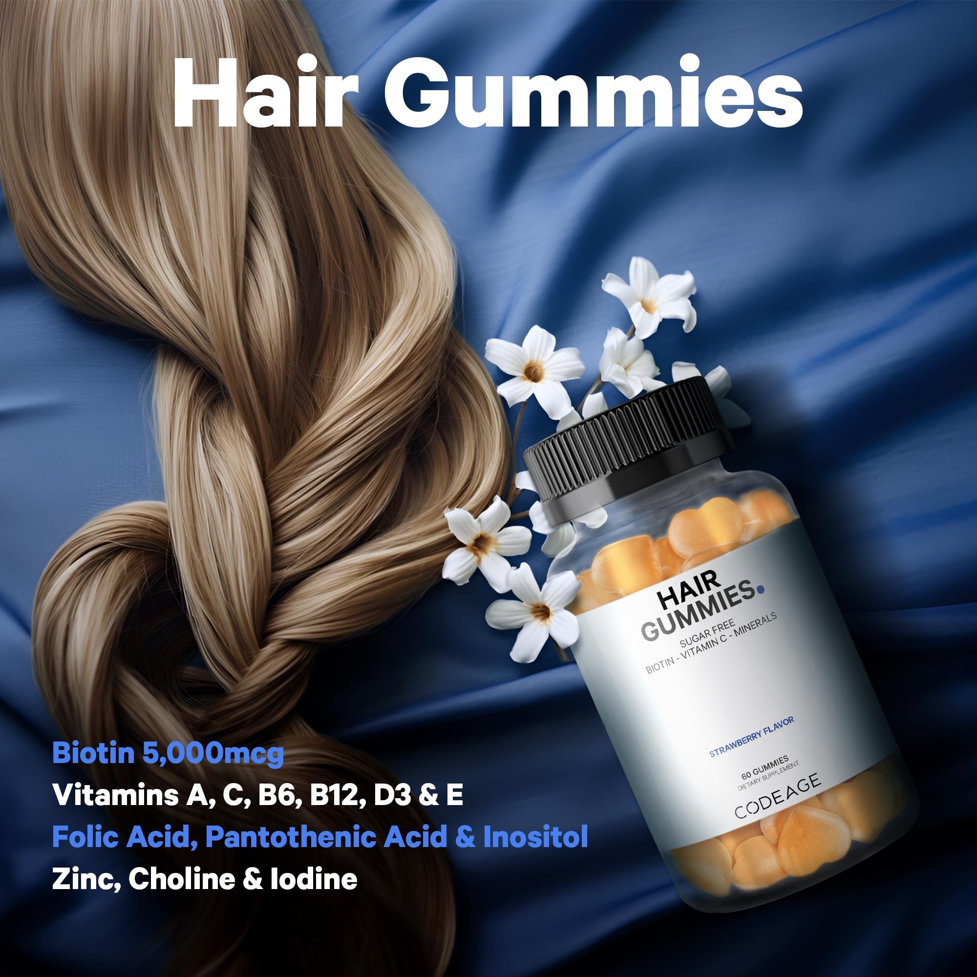 Codeage Hair Gummies, Biotin 5000 mcg, Sugar Free Growth Gummy Vitamins A, C, B6, B12, D3, Zinc, Inositol Supplement Codeage buy supplements canada