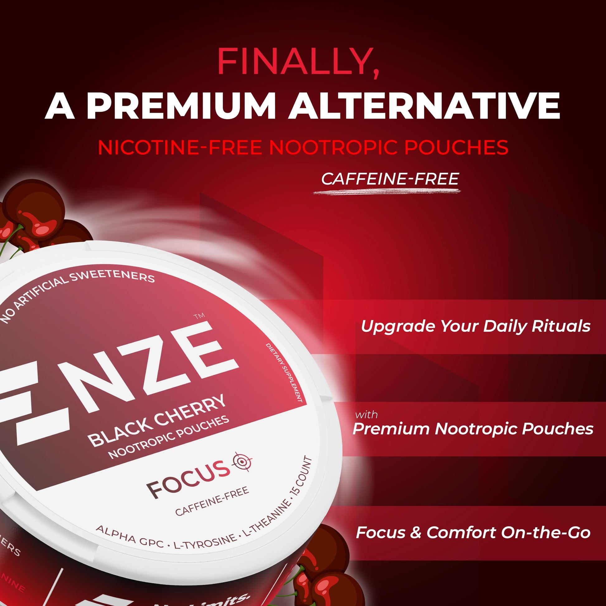 NZE Caffeine Free Nootropic Pouches (Black Cherry) - Nootropic Pouches with Alpha GPC, L-Tyrosine & L-Theanine - No Sugar or Artificial Sweeteners - 15 Pouches Per Can - 5 Pack NZE buy supplements canada