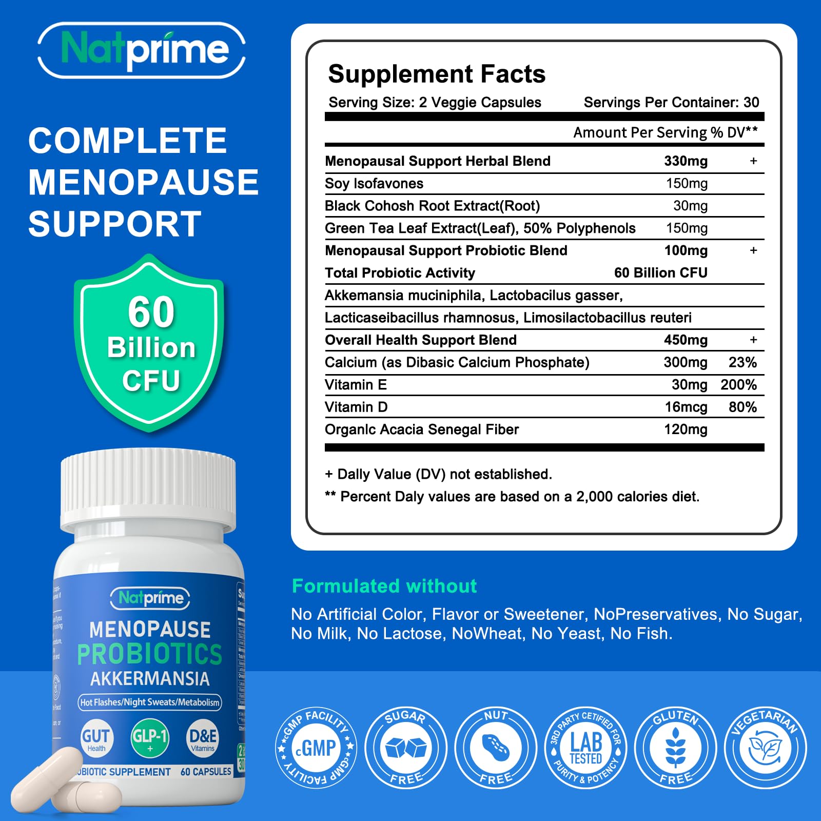 Natprime Menopause Supplements for Women - 60 Billion CFU Akkermansia Probiotic for Hormonal Balance, Night Sweats, Hot Flashes Relief, Gut Health, Mood Support & URO Viginal probiotic - 60 Ct 30 Day Natprime buy supplements canada