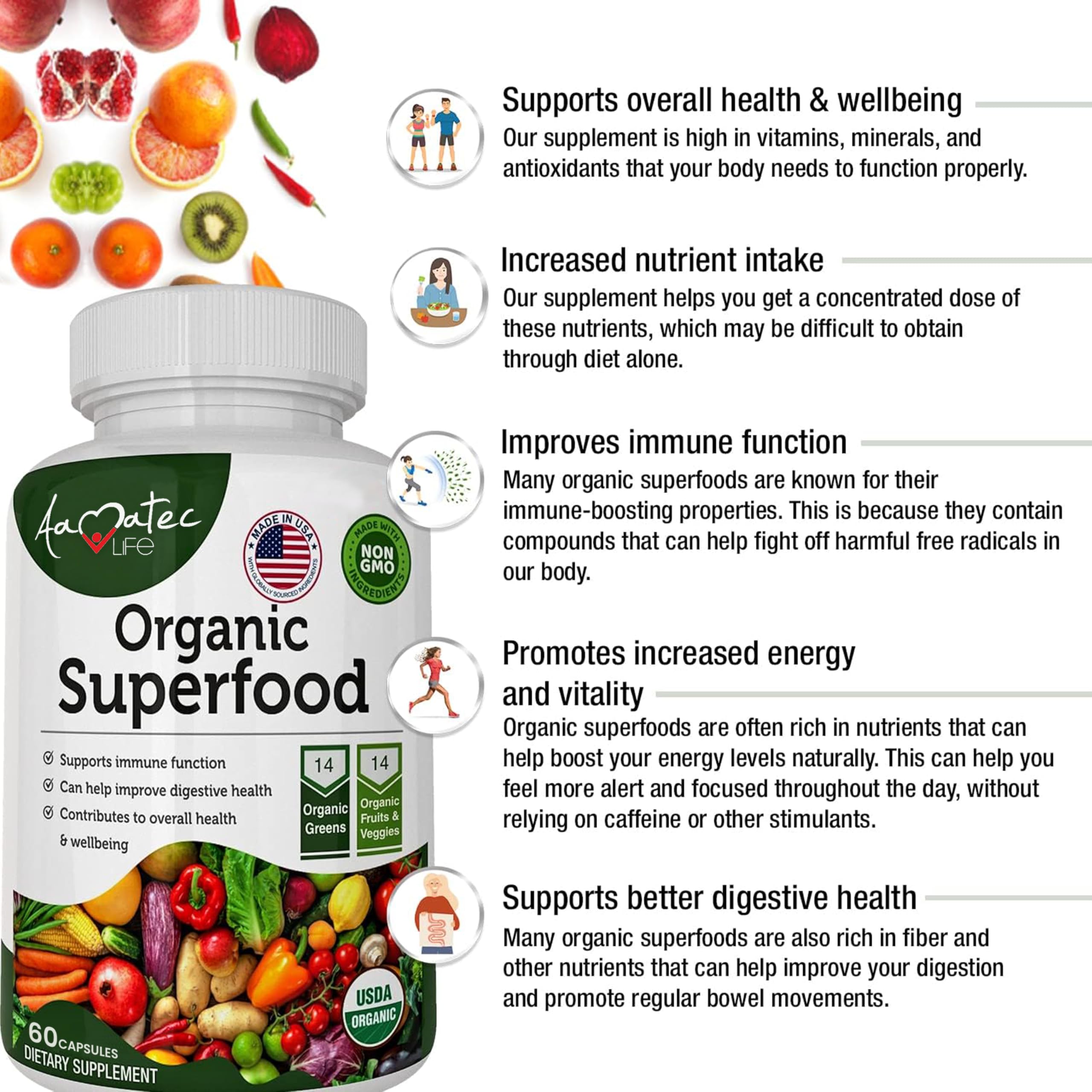 AAMATEC LIFE Organic Superfood Greens Fruits and Veggies Complex - Dietary Supplement with 14 Greens &14 Vegetables with Alfalfa Rich in Antioxidants Organic Ingredients Non-GMO (120 Count Pack of 2) AAMATEC LIFE buy supplements canada