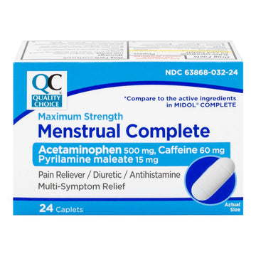 Quality Choice Menstrual Complete Max Strength Period Pain Relief, 500 mg of Acetaminophen, 60mg of Caffeine, 15mg of Pyrilamine Maleate, Cramps, Bloating, Headache. 24 Count. Quality Choice buy supplements canada