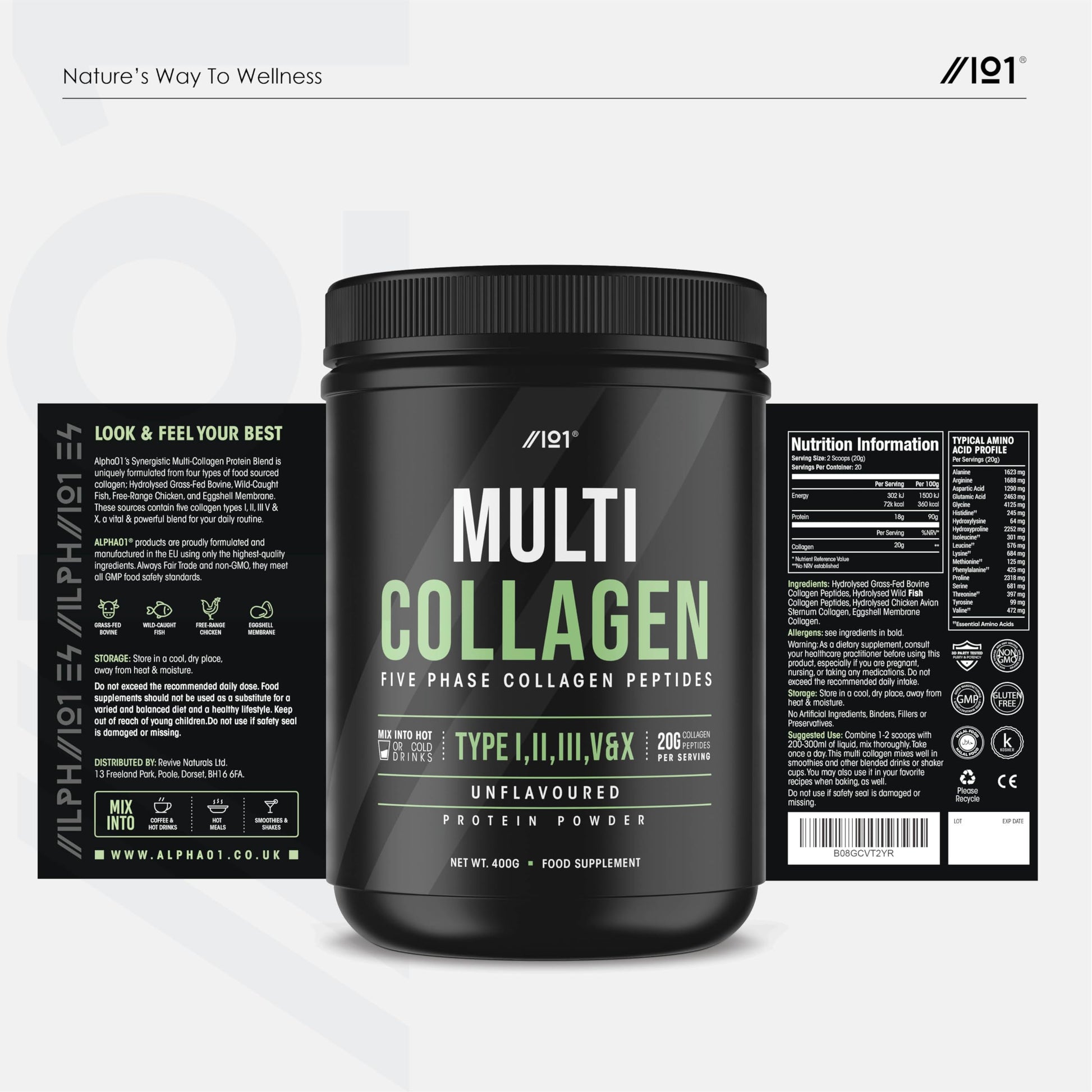 Multi Collagen Protein Powder (400g) - Types I, II, III, V & X - Hydrolyzed Grass Fed Bovine, Wild Caught Fish ALPHA01 buy supplements canada