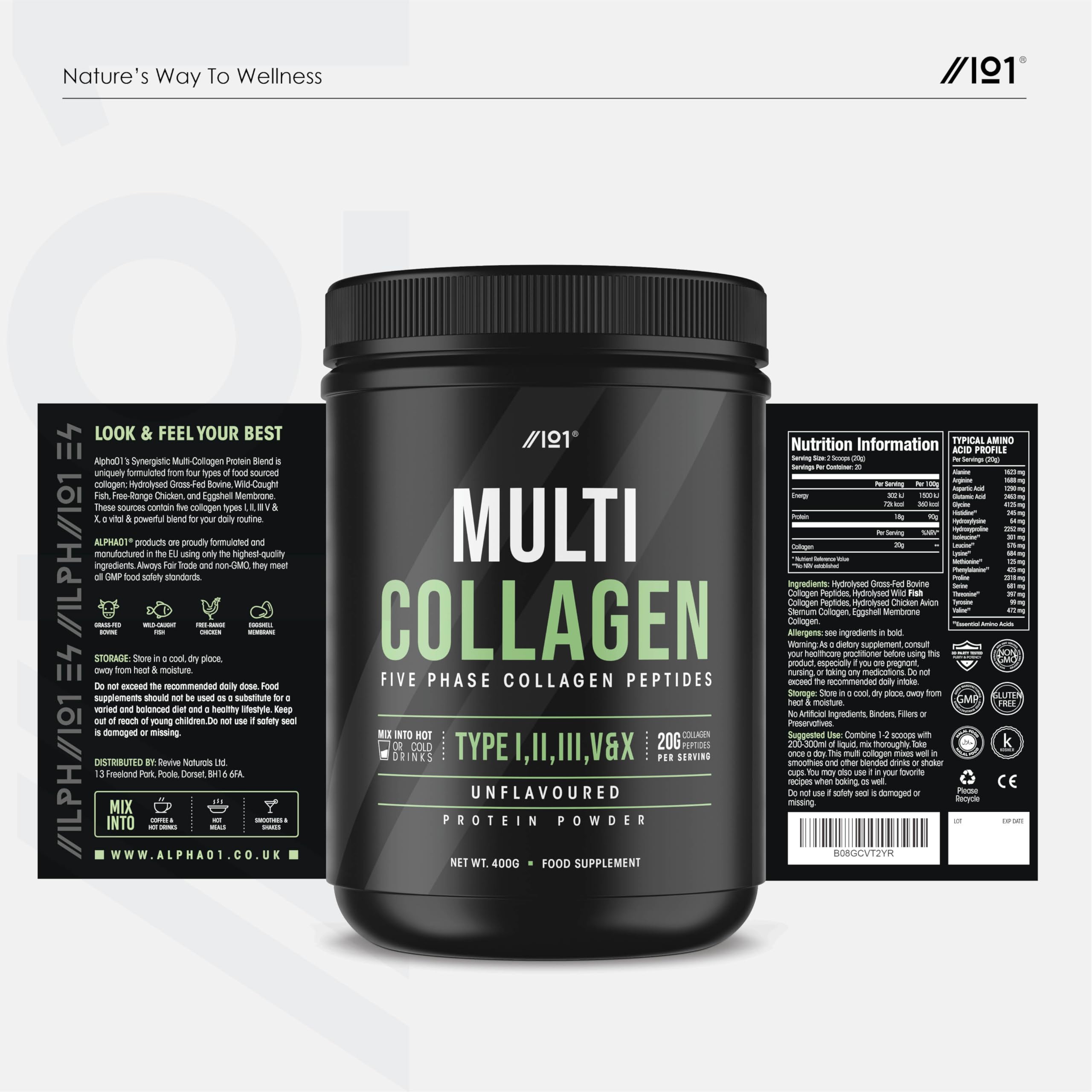 Multi Collagen Protein Powder (400g) - Types I, II, III, V & X - Hydrolyzed Grass Fed Bovine, Wild Caught Fish ALPHA01 buy supplements canada
