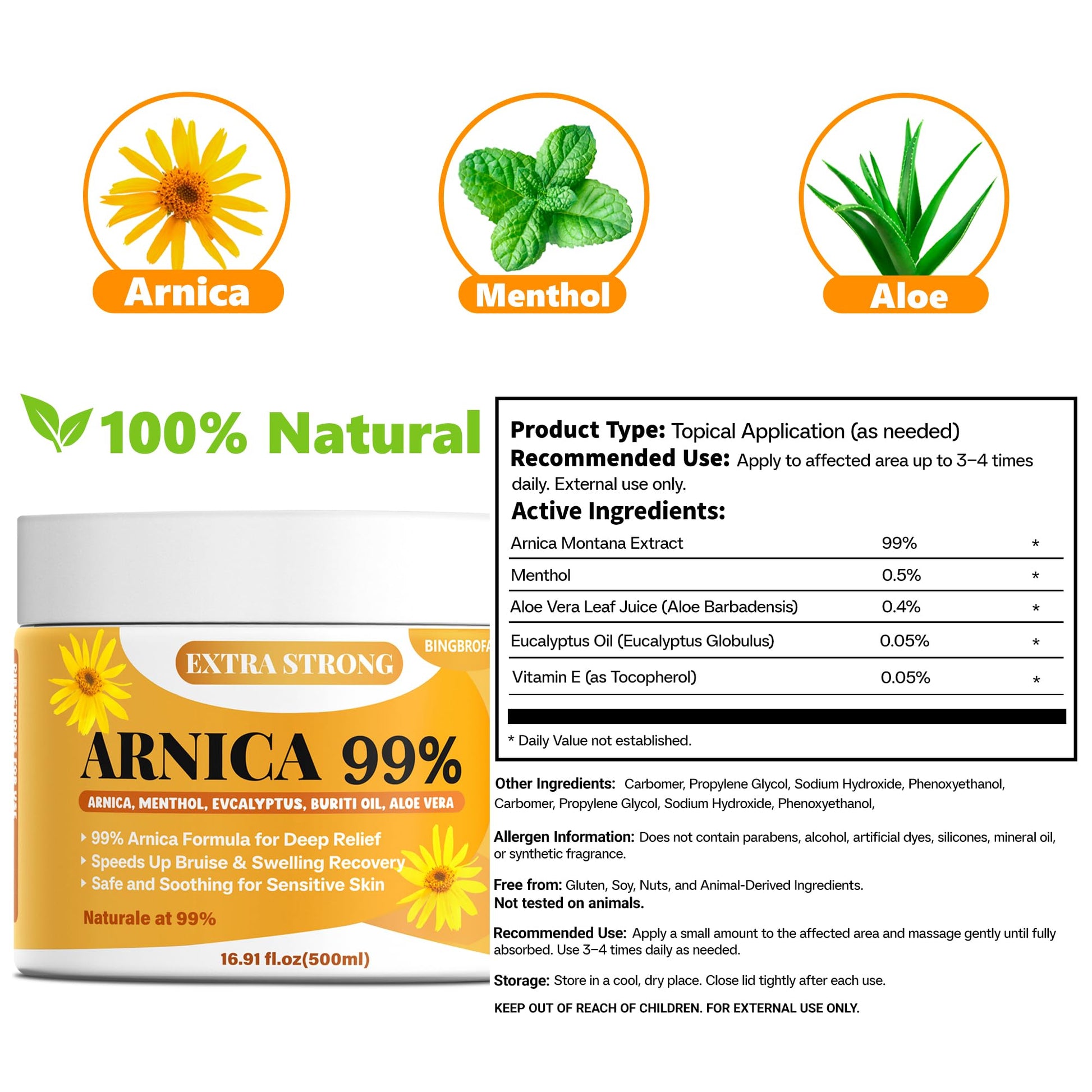 Bingbrofam Arnica Cream 99% Extra Strength Gel Pain Relief for Fast Healing Thin Skin, Seniors Bruises with Menthol, Swelling, Soothing Massage, 16.9 Oz Bingbrofam buy supplements canada