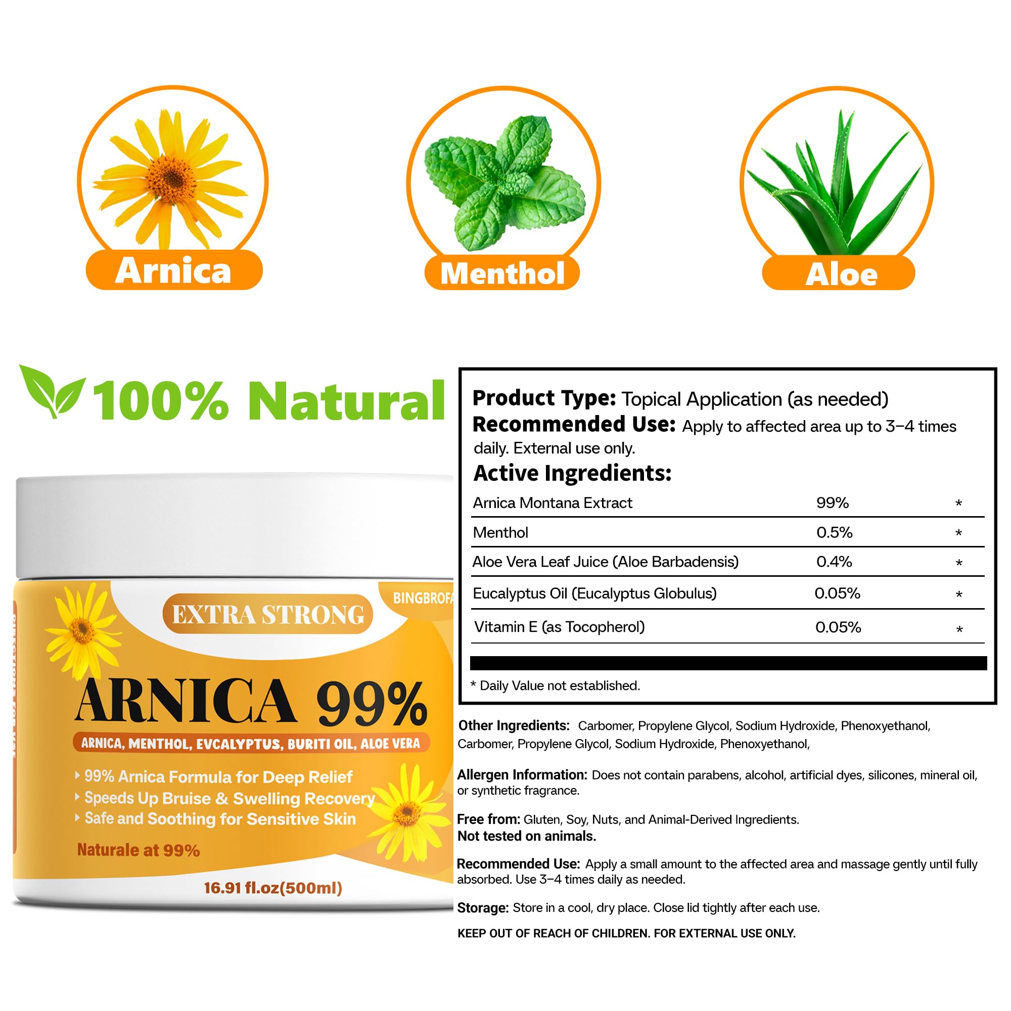 Bingbrofam Arnica Cream 99% Extra Strength Gel Pain Relief for Fast Healing Thin Skin, Seniors Bruises with Menthol, Swelling, Soothing Massage, 16.9 Oz Bingbrofam buy supplements canada