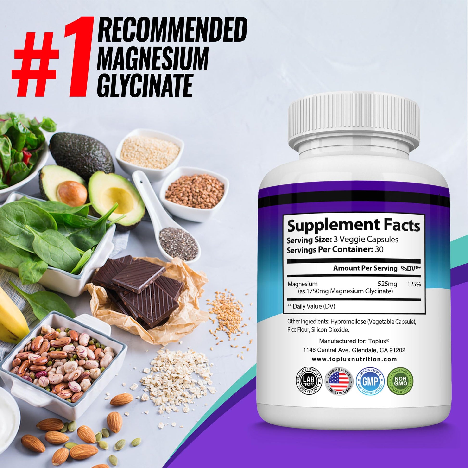 Magnesium Glycinate 525mg - High Absorption Chelated Magnesium Supplement Made with Pure Magnesium Glycinate - Supports Muscles, Sleep, Cramps, Recovery Bisglycinate Toplux buy supplements canada
