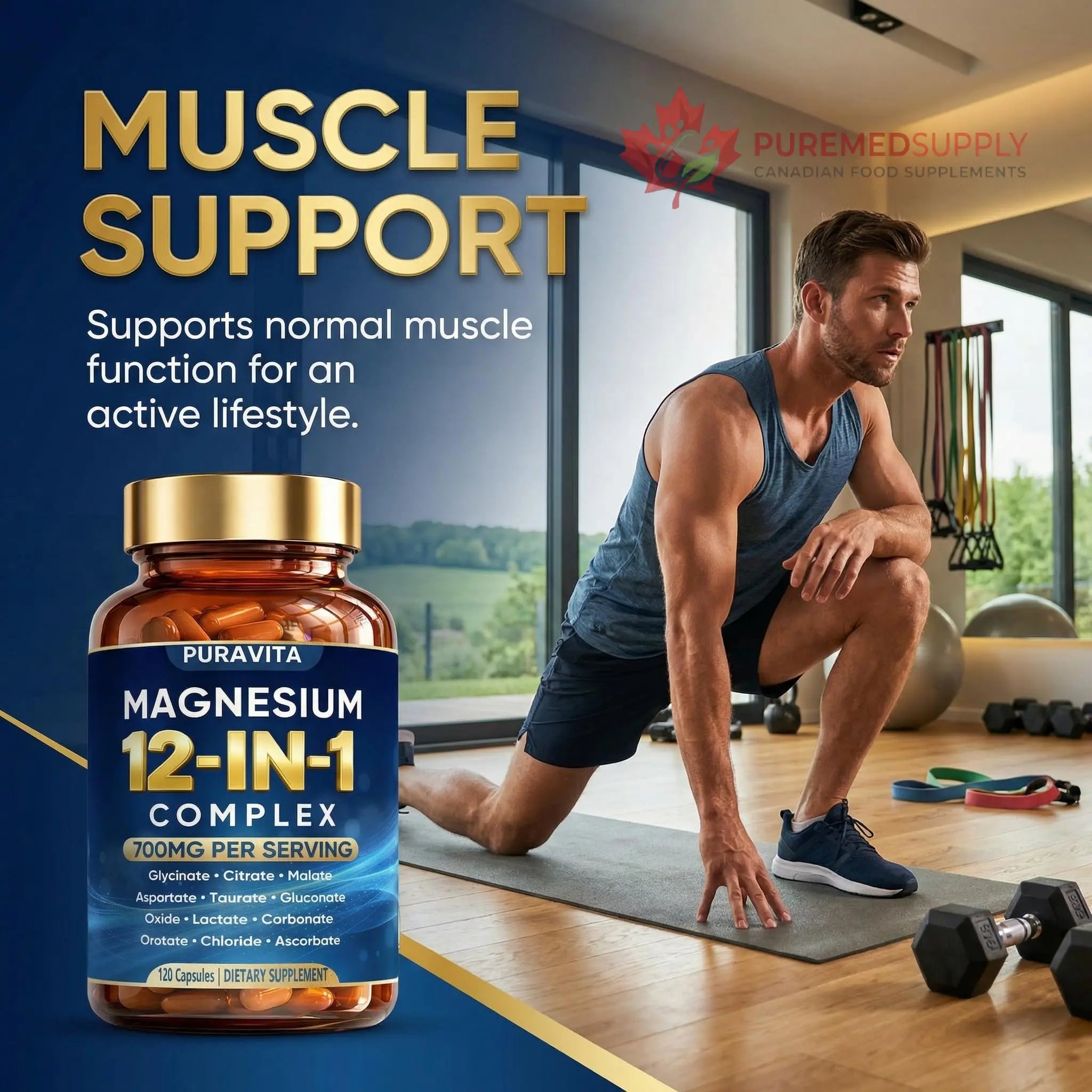 Puravita 12 in 1 Magnesium Complex Capsules - 700mg High Absorption Blend with Glycinate, Citrate, Malate, Oxide & Taurate. Supports Muscle Function, Nerve Health & Relaxation - 120 Capsules (1) PURAVITA buy supplements canada