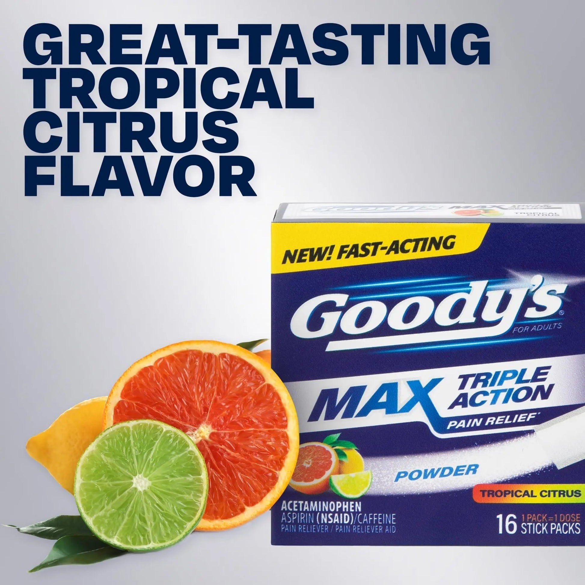 Goody’s Max Triple Action Pain Relief – Headache Relief Powder with Acetaminophen, Aspirin & Caffeine for Fast, Effective Relief of Tough Headaches, Tropical Citrus, 16 Count Goody's buy supplements canada