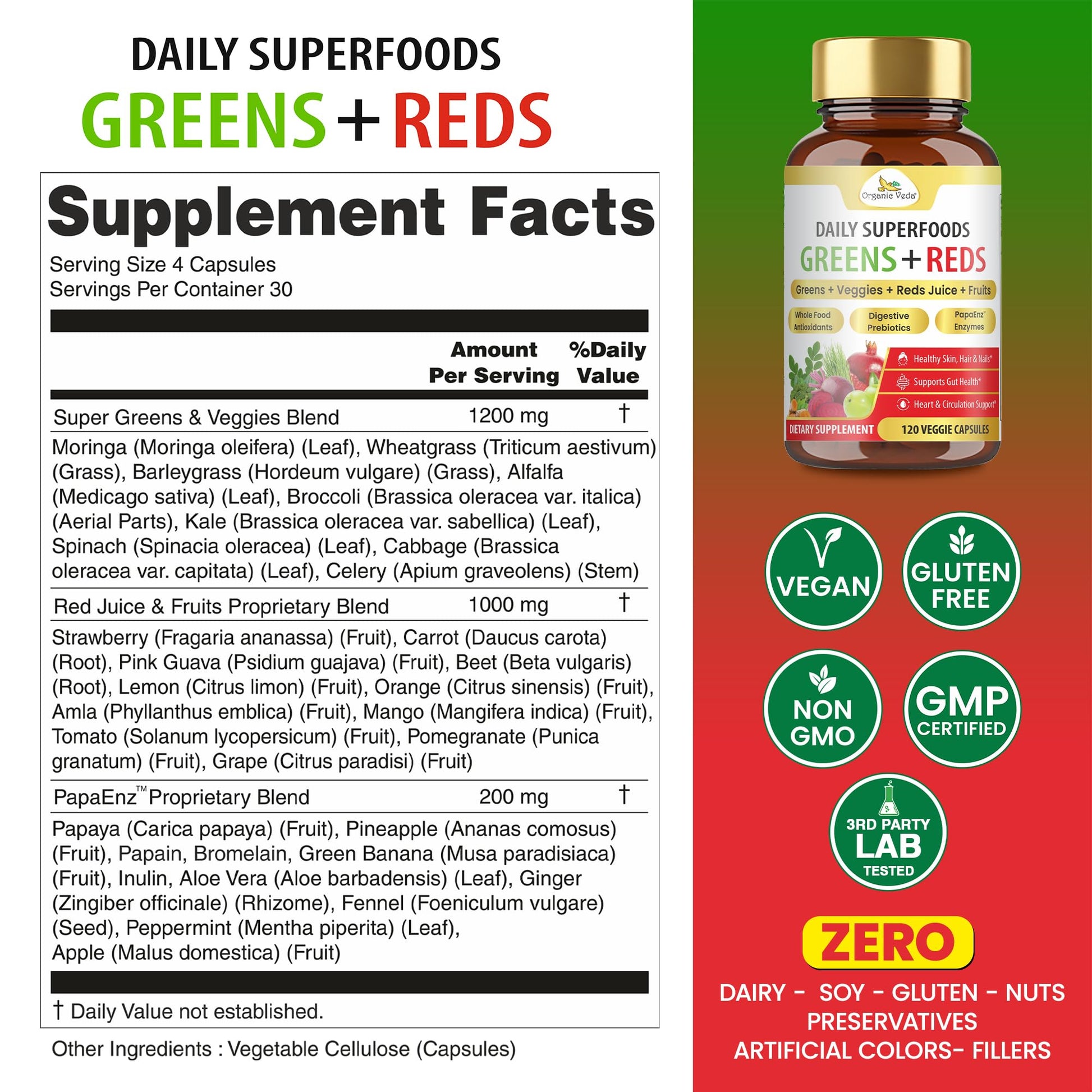 Organic Veda Super Greens & Reds Capsules - Organic Superfoods, Daily Greens, Red Juice, Fruits & Vegetables Supplement - Papaya Enzymes, Digestive Herbs, Bromelain, Antioxidants - 120 Veggie Capsules Organic Veda buy supplements canada