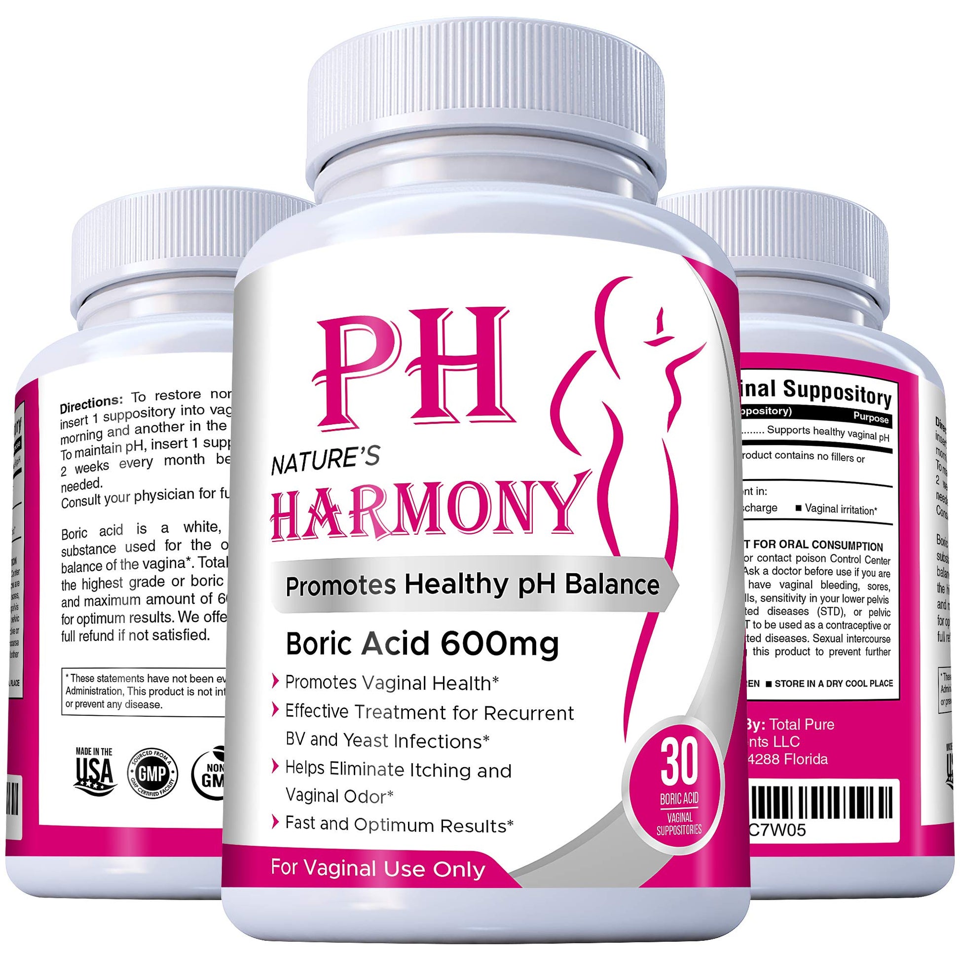 PURE PLANT HOME Boric Acid Suppositories Nature's Harmony 30 Count 600 mg 100% Pure Made in USA Nature's Harmony buy supplements canada