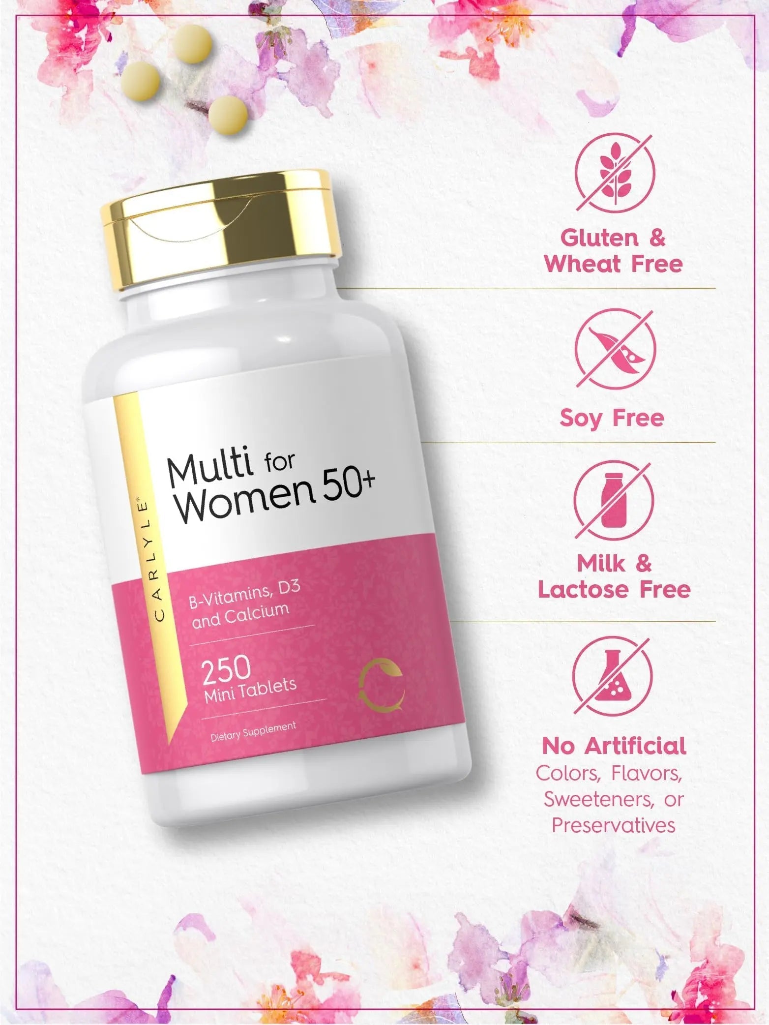 Carlyle Multivitamin for Women 50 Plus | 250 Mini Tablets | Iron Free Supplement | Vitamins A, B12, C, D3, Folate (as Folic Acid) and Calcium | Carlyle buy supplements canada