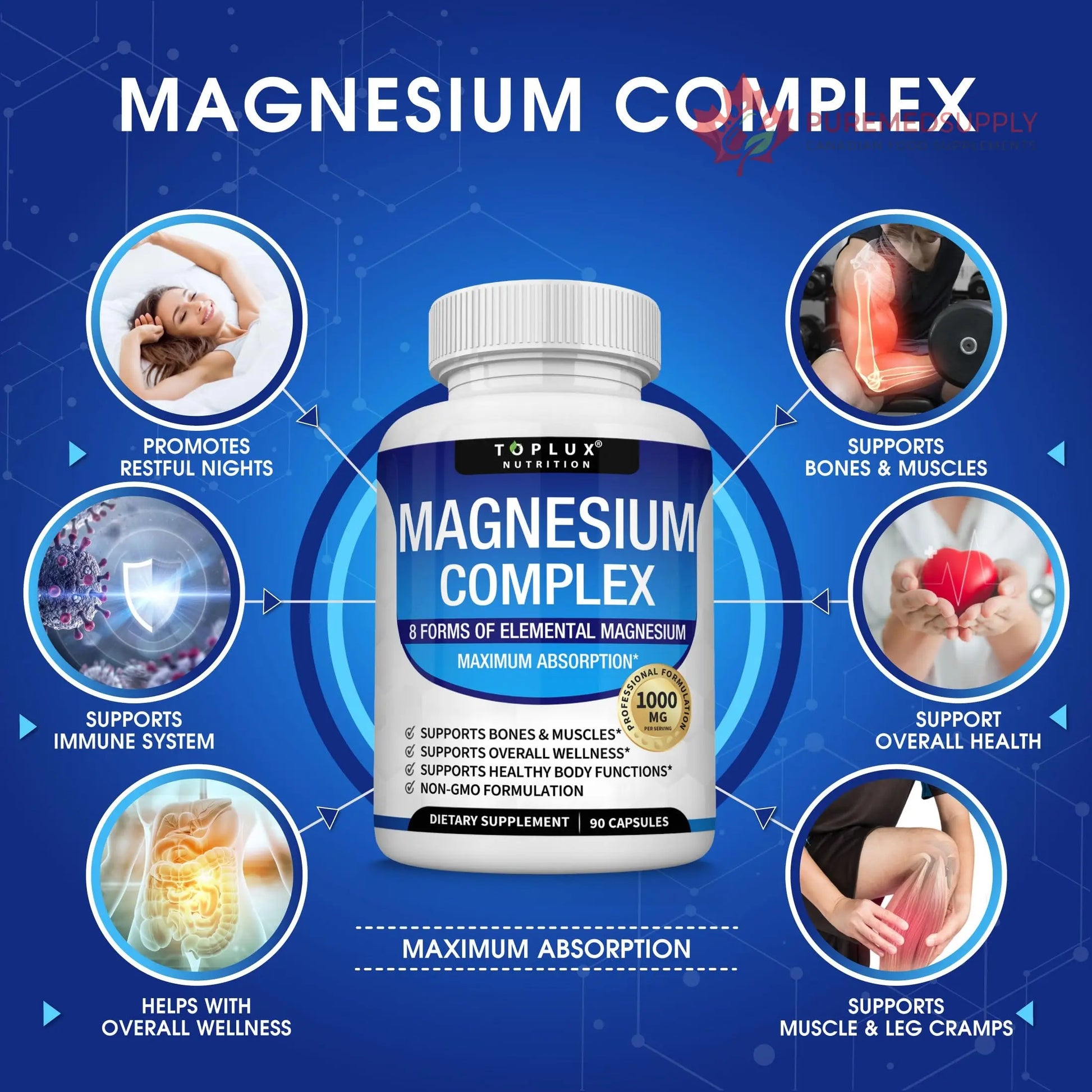 Magnesium Complex Supplement 8 Elemental 1000mg - Magnesium Glycinate, Citrate, Malate, Taurate, Chelated for Easy Absorption for Bones, Muscle, Recovery, Energy, Vegan Non-GMO 90 Capsules Toplux buy supplements canada