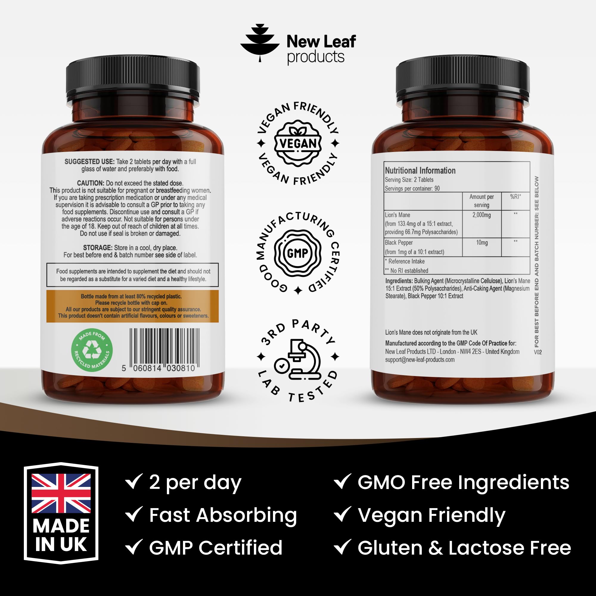 Lions Mane Mushroom Extract Supplement 2000mg - 180 High Strength Vegan Tablets NEW LEAF PRODUCTS buy supplements canada