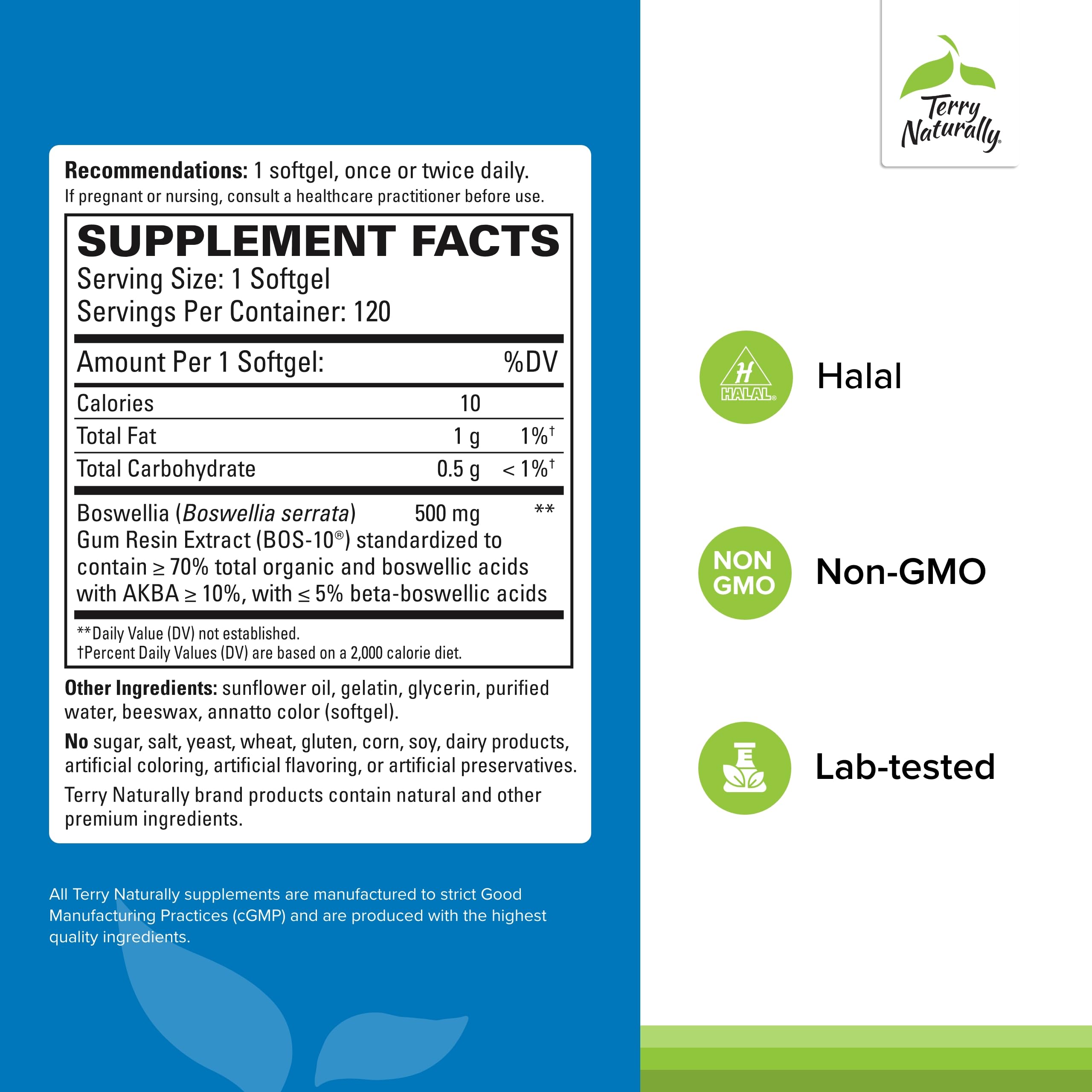 Terry Naturally BosMed 500 Extra Strength - Boswellia Serrata Extract Supplement - Supplement for Healthy Lung Support - Herbal Supplement Formula with High Levels of AKBA - 120 Softgels Terry Naturally buy supplements canada