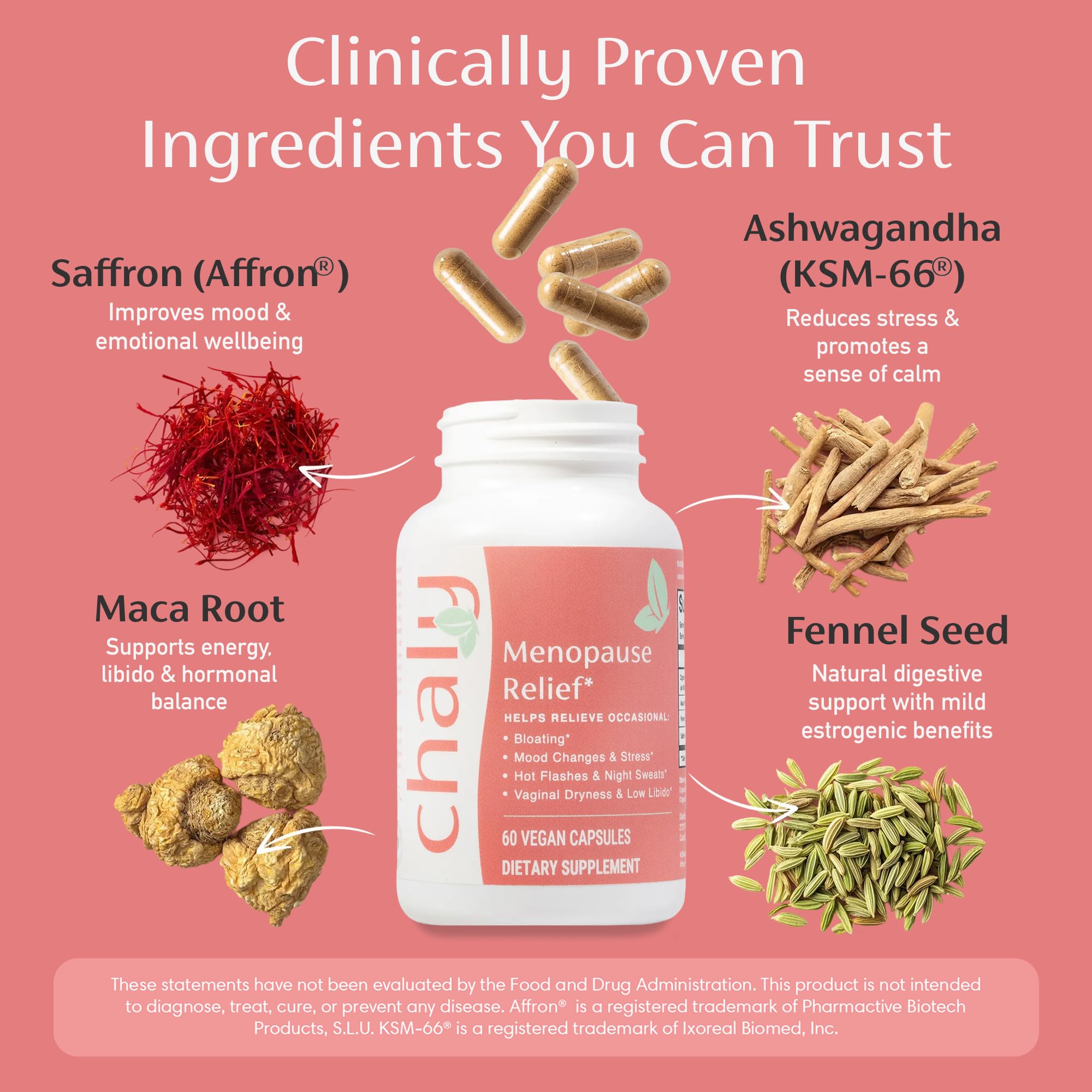 Chaly Menopause Supplements for Women with Ashwagandha KSM 66 and Saffron | Hot Flash, Bloating, Libido, Vaginal Dryness, Stress, and Mood Support Supplement | Menopause Relief Supplements | 60 Count Chaly buy supplements canada