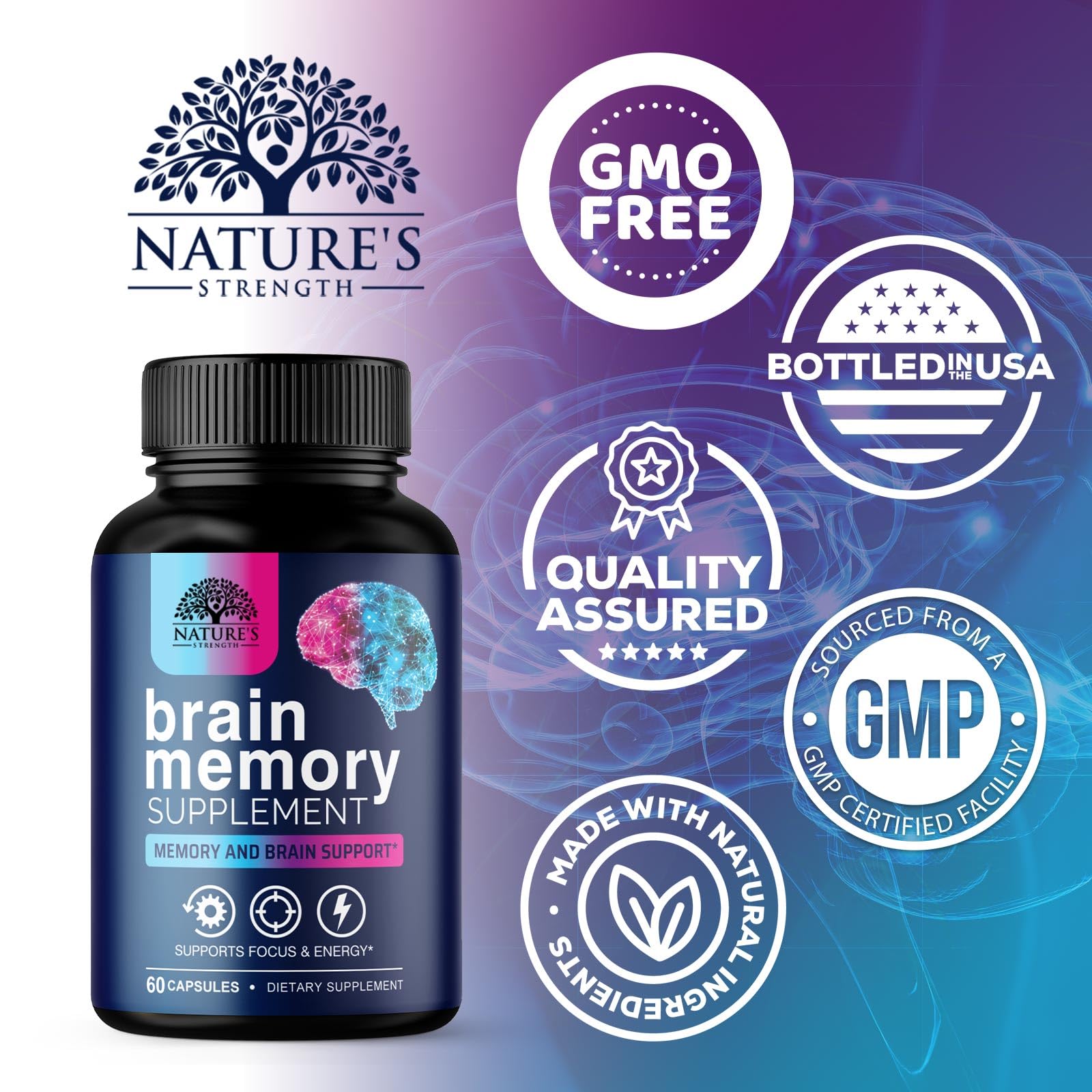 Brain Memory Supplement Pills - 3X Strength Nootropics for Concentration, Clarity & Focus Support - Brain Health Cognitive Vitamins with Bacopa, Phosphatidylserine & DMAE, Brain Booster - 60 Capsules Nature's Strength buy supplements canada