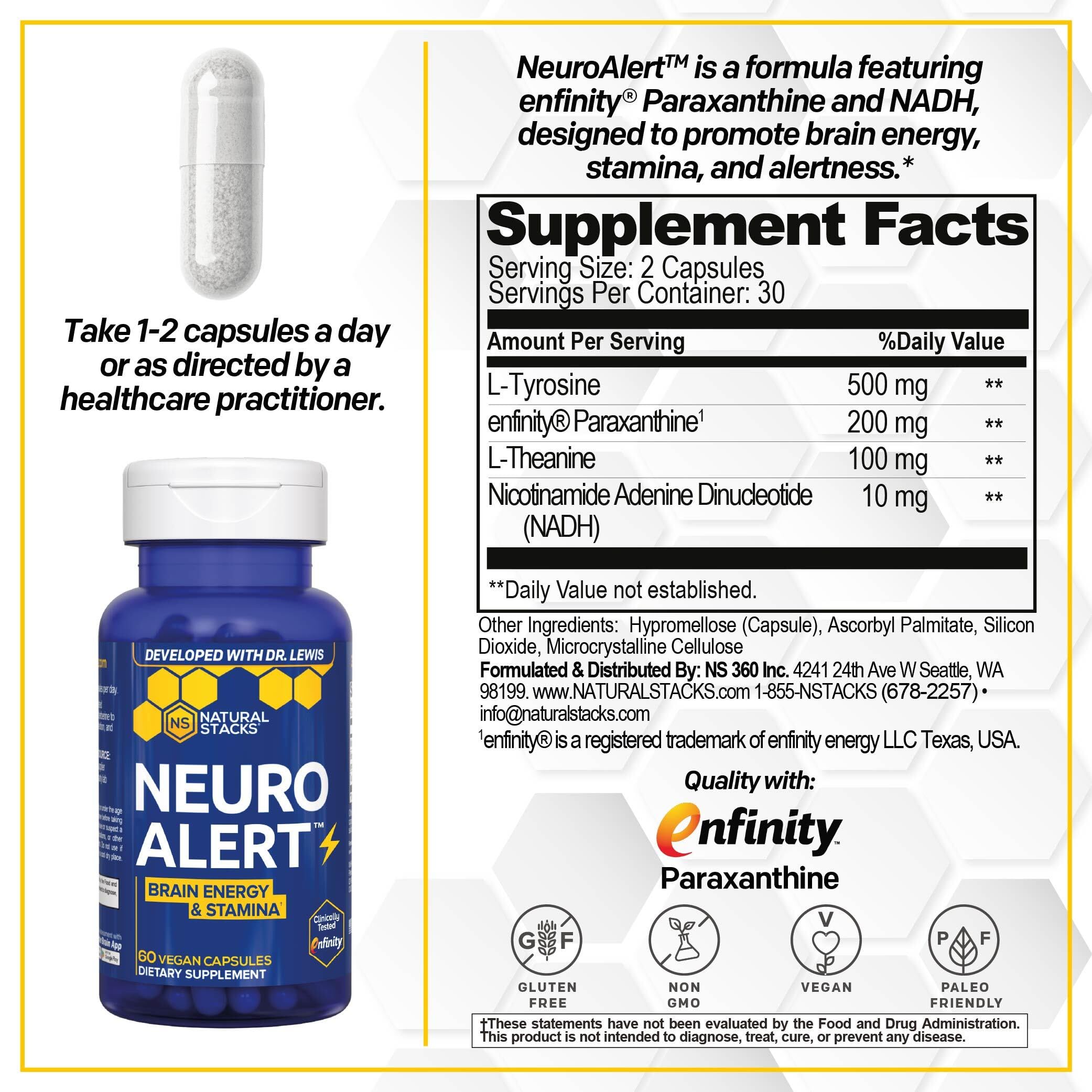 NATURAL STACKS NeuroAlert - 200mg Paraxanthine Energy Supplement - Caffeine Free Focus w/ 500mg L-Tyrosine & 100mg L-Theanine - 10mg NADH for Cellular Energy Support - 60 Paraxanthine Capsules NATURAL STACKS buy supplements canada