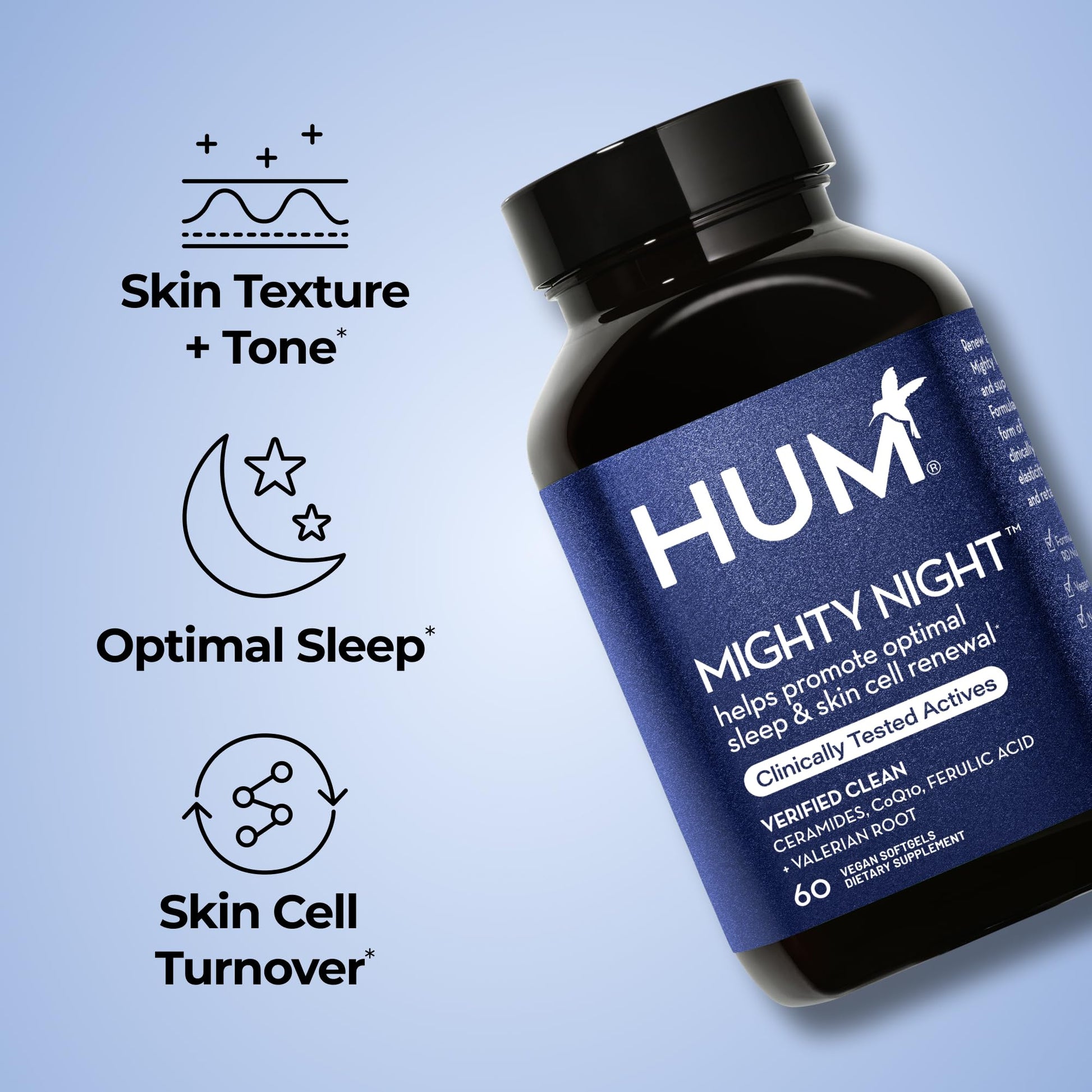 HUM Mighty Night Nighttime Sleep Supplement for Skin Care, CoQ10, Valerian Root & Ferulic Acid to Support Cell Turnover, Skin Vitamins for Women and Men, Overnight Beauty Vitamins, 60 Vegan Softgels HUM buy supplements canada