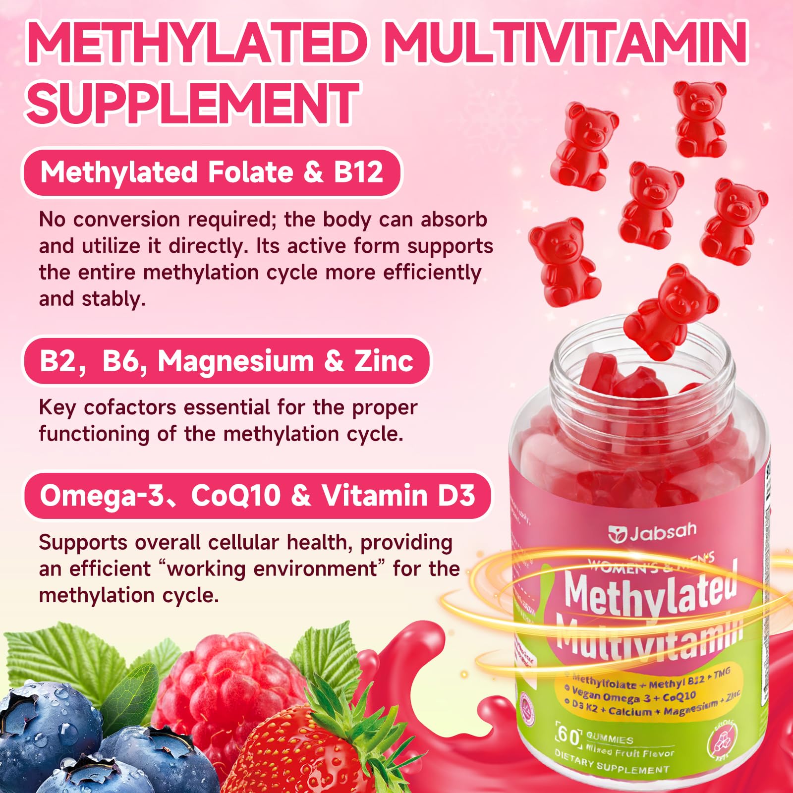 Methylated Vitamin B Complex Gummies for Women & Men, Multivitanins Gummy with Vitamin A, C ,E, Methylfolate & B12, TMG, Calcium, D3 K2 Jabsah buy supplements canada