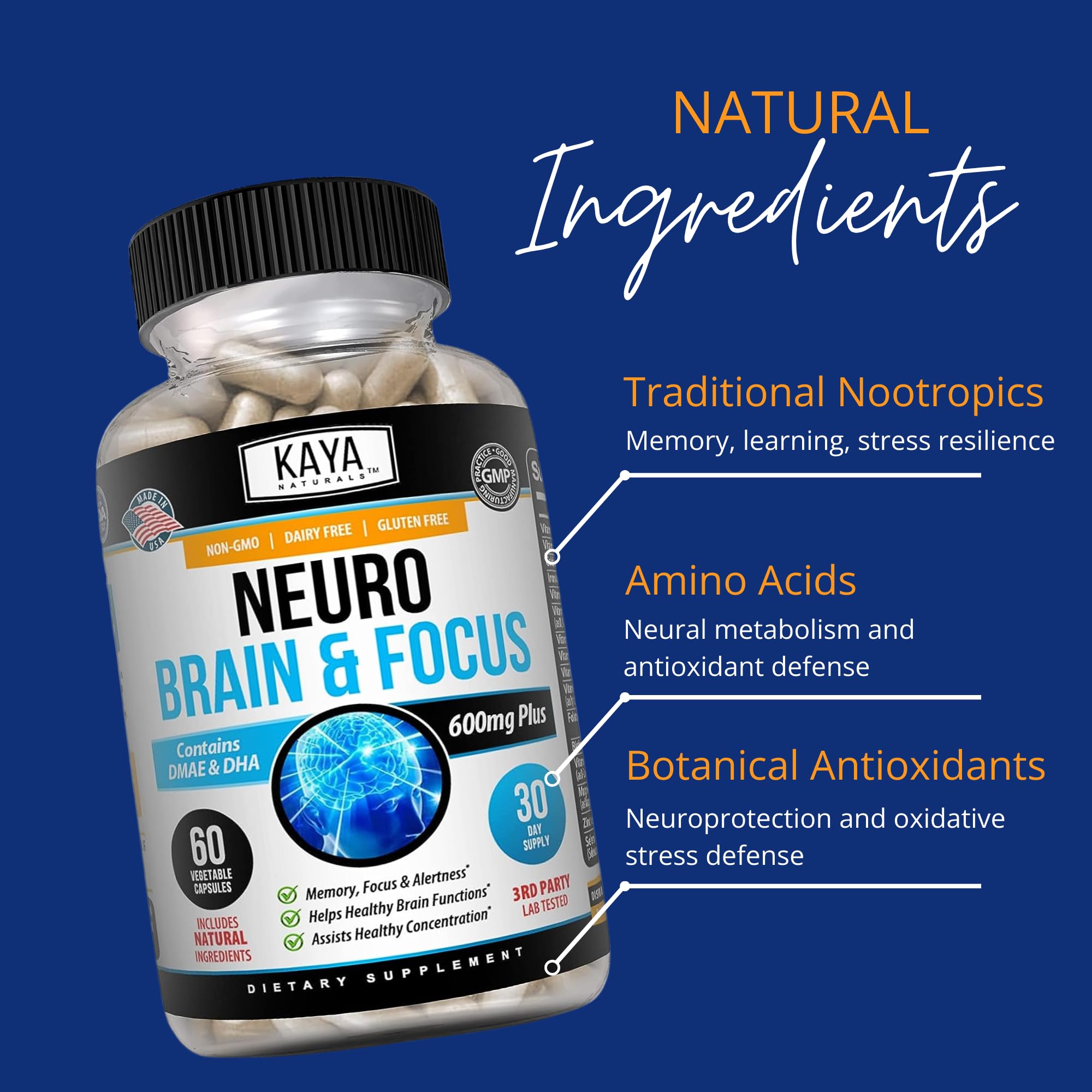 Kaya Naturals - Neuro Brain for Memory & Focus - Nootropic Energy Capsule - Nootropic Brain Support Supplement - Focus & Concentration & Learning Accuracy - Cognitive Function - 60 Count Kaya Naturals buy supplements canada