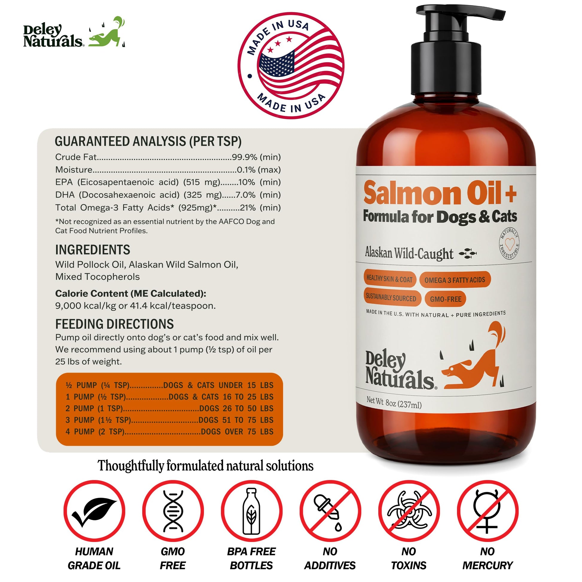 Deley Naturals Wild Alaskan Salmon Oil for Dogs & Cats - New and Improved Salmon Oil Plus Formula - Fish Oil for Dogs with Omega 3, DHA and EPA - Omega 3 for Healthy Skin and Coat - 8oz Made in USA Deley Naturals buy supplements canada
