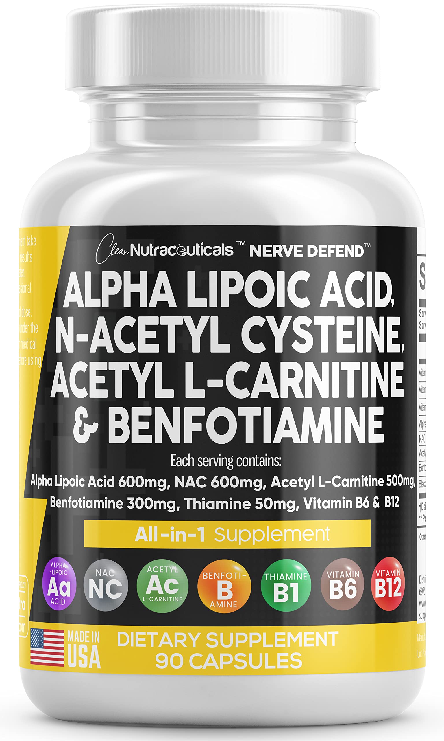 Alpha Lipoic Acid 600mg N-Acetyl Cysteine 600mg Acetyl L-Carnitine 500mg Benfotiamine 300mg - Nerve Support Supplement for Women and Men with Vitamin B1 B6 & B12 - Made in USA 90 Caps Clean Nutraceuticals buy supplements canada