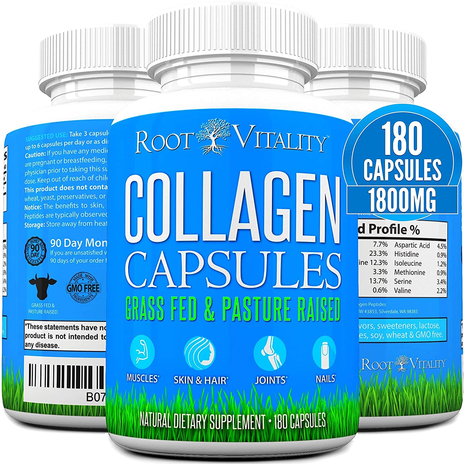 Root Vitality Collagen Peptides Capsules - Grass-Fed, Pasture-Raised Hydrolyzed Protein Supplement for Skin, Hair, & Nails - Non-GMO, Zero Sugar Daily Pills for Men & Women (180 Capsules) Root Vitality buy supplements canada